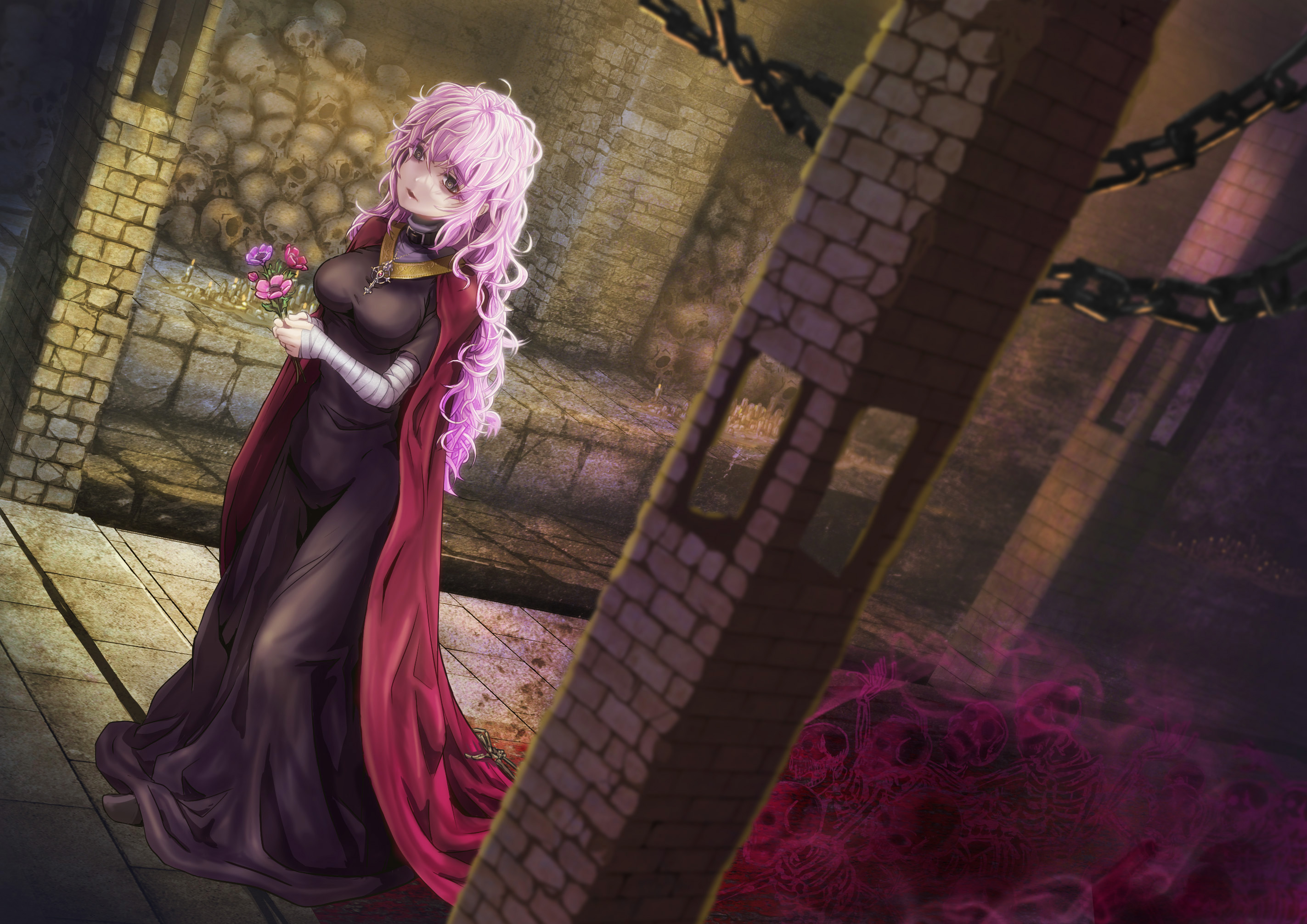 dys, original, commentary request, commission, highres, skeb commission, 1girl, aura, bandaged arm, bandages, black dress, chain, cloak, dark aura, dress, dungeon, expressionless, fantasy, flower, grey eyes, holding, holding flower, long hair, nun, parted lips, pink hair, skeleton, skull, solo, wavy hair