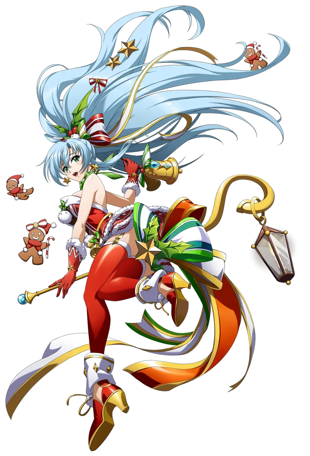 helena (langrisser), langrisser, langrisser mobile, game cg, highres, official art, second-party source, 1girl, :d, bare shoulders, bell, big hair, blue hair, bow, breasts, candy, candy cane, christmas, christmas ornaments, christmas stocking, cleavage, cookie, dress, earrings, floating, floating clothes, floating hair, floating object, food, from side, full body, fur-trimmed dress, fur-trimmed gloves, fur-trimmed thighhighs, fur trim, gingerbread cookie, gingerbread man, gloves, green eyes, hair between eyes, hair bow, hair ornament, hair ribbon, high heels, high ponytail, holding, holding staff, holly, jewelry, jingle bell, lantern, large breasts, leg up, leggings, long hair, looking at viewer, looking back, neck ribbon, official alternate costume, open mouth, pom pom (clothes), ponytail, red dress, red gloves, red leggings, red ribbon, red shoes, red thighhighs, ribbon, santa costume, santa dress, shoes, short dress, simple background, sleeveless, sleeveless dress, smile, solo, staff, standing, standing on one leg, star (symbol), star earrings, star hair ornament, strapless, strapless dress, tachi-e, thighhighs, transparent background, very long hair, zettai ryouiki