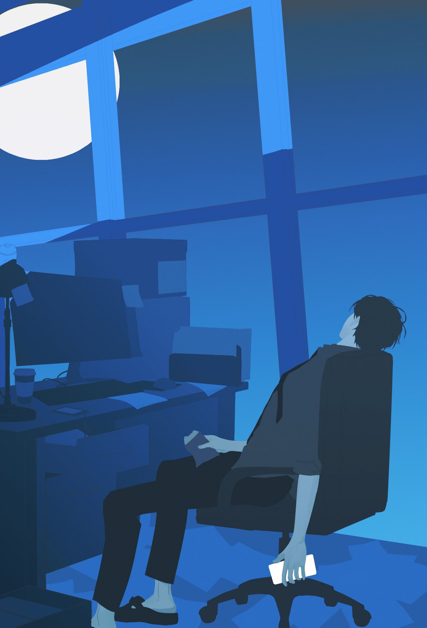 kim dokja, omniscient reader's viewpoint, commentary request, highres, 1boy, black hair, black shirt, collared shirt, computer, desk, faceless, food, full body, holding, holding food, holding phone, indoors, leaning back, male focus, moon, necktie, night, office, phone, shirt, short hair, sitting, solo, tix 0314