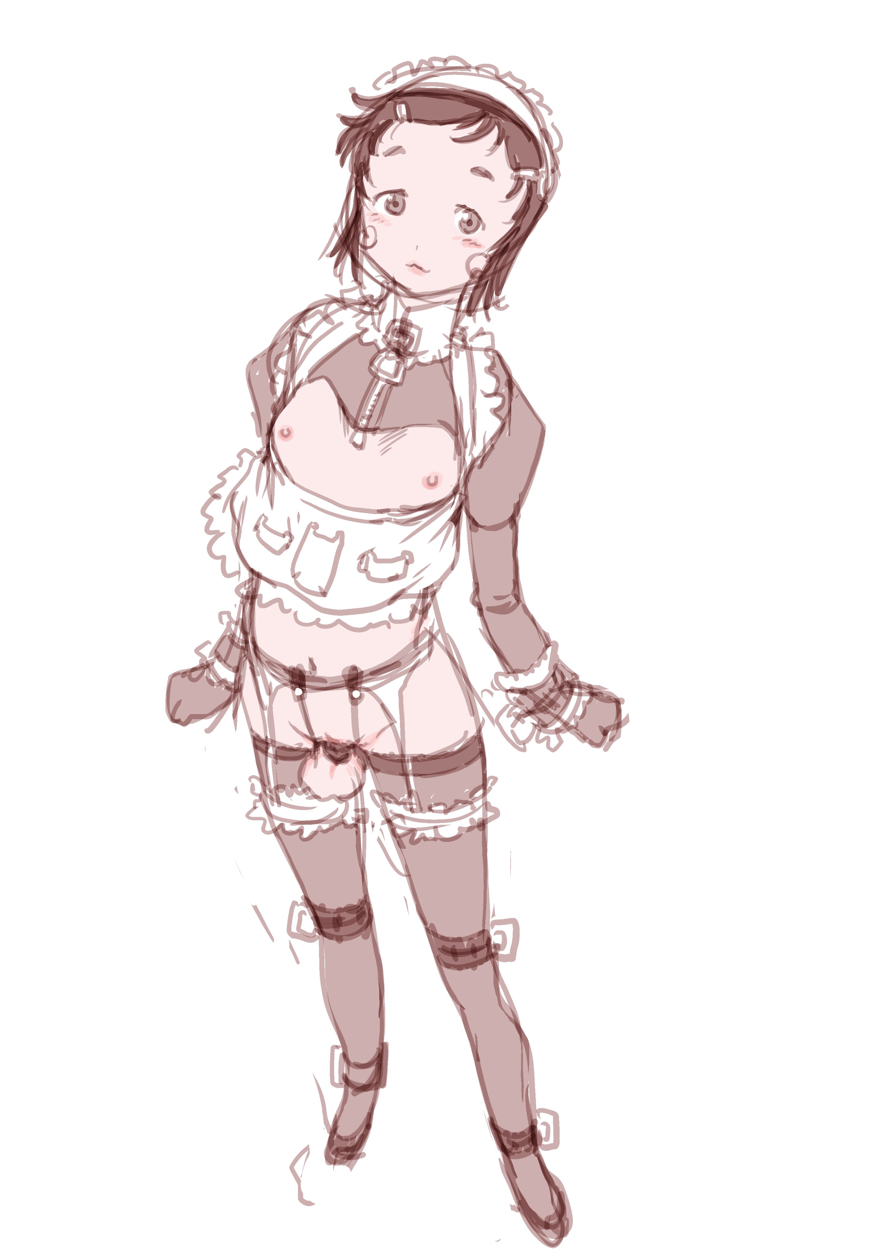 horihone saizou, original, absurdres, commentary request, highres, 1boy, arms at sides, black chastity cage, blush, brown eyes, brown hair, brown shrug, brown thighhighs, chastity cage, clenched hands, closed mouth, flat chastity cage, frilled bracelet, frilled thigh strap, frills, full body, garter belt, invisible floor, looking at viewer, maid headdress, male focus, monochrome, navel, nipples, on floor, short hair, shrug (clothing), sidelocks, simple background, sketch, small chastity cage, smile, solo, standing, testicles, thigh strap, thighhighs, trap, white background
