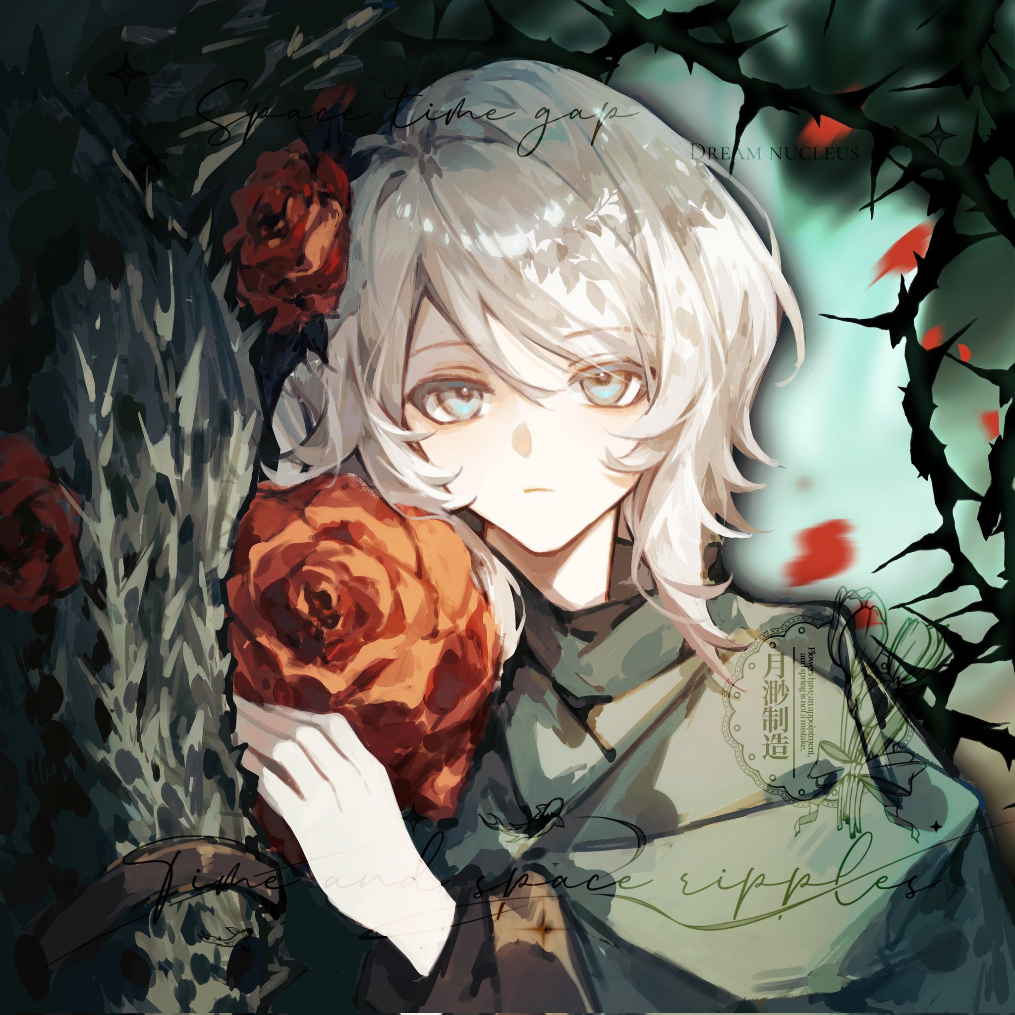 kinala6490098, faust (project moon), limbus company, project moon, chinese commentary, commentary request, highres, 1girl, blue eyes, blurry, blurry background, e.g.o (project moon), flower, lasso (e.g.o), long hair, looking at viewer, red flower, red rose, rose, solo, thorns, upper body, watermark, white hair