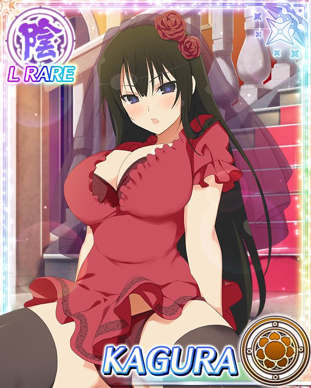 kagura (senran kagura), senran kagura, senran kagura new wave, game cg, official art, third-party source, 1girl, :o, arms behind back, black eyes, black hair, black thighhighs, black veil, blue pupils, blush, border, bra, bra peek, breasts, card (medium), character name, dress, flower, flower-shaped pupils, hair flower, hair ornament, large breasts, long hair, looking at viewer, panties, red bra, red dress, red flower, red panties, red rose, rose, see-through clothes, see-through veil, sitting, solo, spread legs, stairs, symbol-shaped pupils, thighhighs, underwear, veil, very long hair