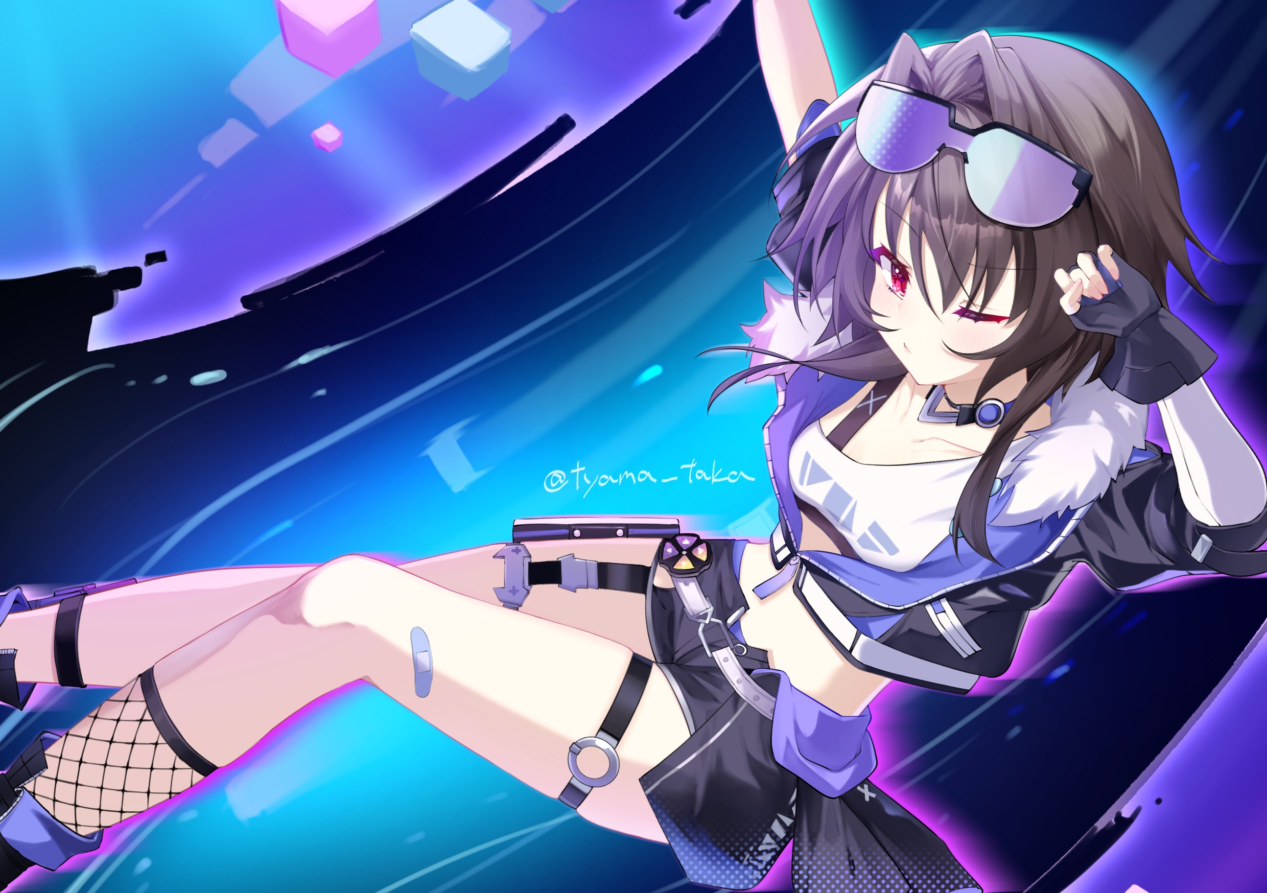 tyama taka, silver wolf (honkai: star rail), yuuki noa, 9-nine-, honkai: star rail, honkai (series), commentary request, commission, highres, skeb commission, 1girl, arm up, asymmetrical legwear, bandaid, bandaid on leg, belt, black-framed eyewear, black gloves, black hair, black jacket, black shorts, blue background, blush, breasts, closed mouth, collarbone, cosplay, crop top, dutch angle, eyelashes, eyewear on head, feet out of frame, fingerless gloves, from side, fur-trimmed jacket, fur trim, gloves, hair between eyes, hair intakes, hand up, jacket, light frown, looking at viewer, midriff, mismatched legwear, o-ring, o-ring thigh strap, one eye closed, open clothes, open jacket, panties, panty peek, purple-tinted eyewear, red eyes, shirt, short hair with long locks, short shorts, shorts, silver wolf (honkai: star rail) (cosplay), simple background, sitting, skindentation, small breasts, solo, stretching, sunglasses, thigh strap, thighs, tinted eyewear, twitter username, underwear, v-shaped eyebrows, white belt, white shirt