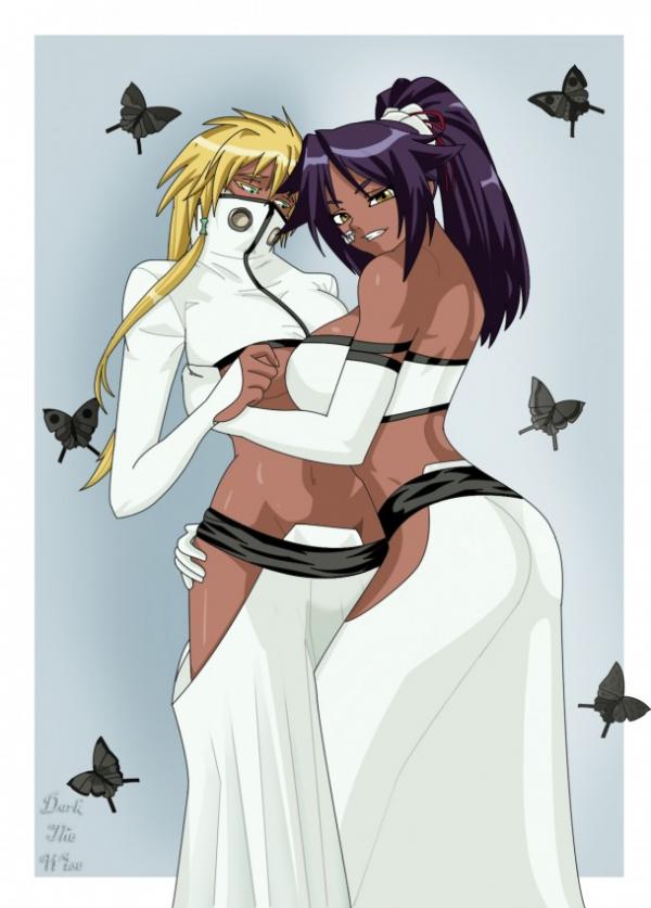 darkthewise, shihouin yoruichi, tier harribel, bleach, 2girls, arrancar, ass, blonde hair, breasts, cleavage, cosplay, dark skin, espada, hollow, looking at viewer, multiple girls, ponytail, purple hair, smile, underboob, yuri