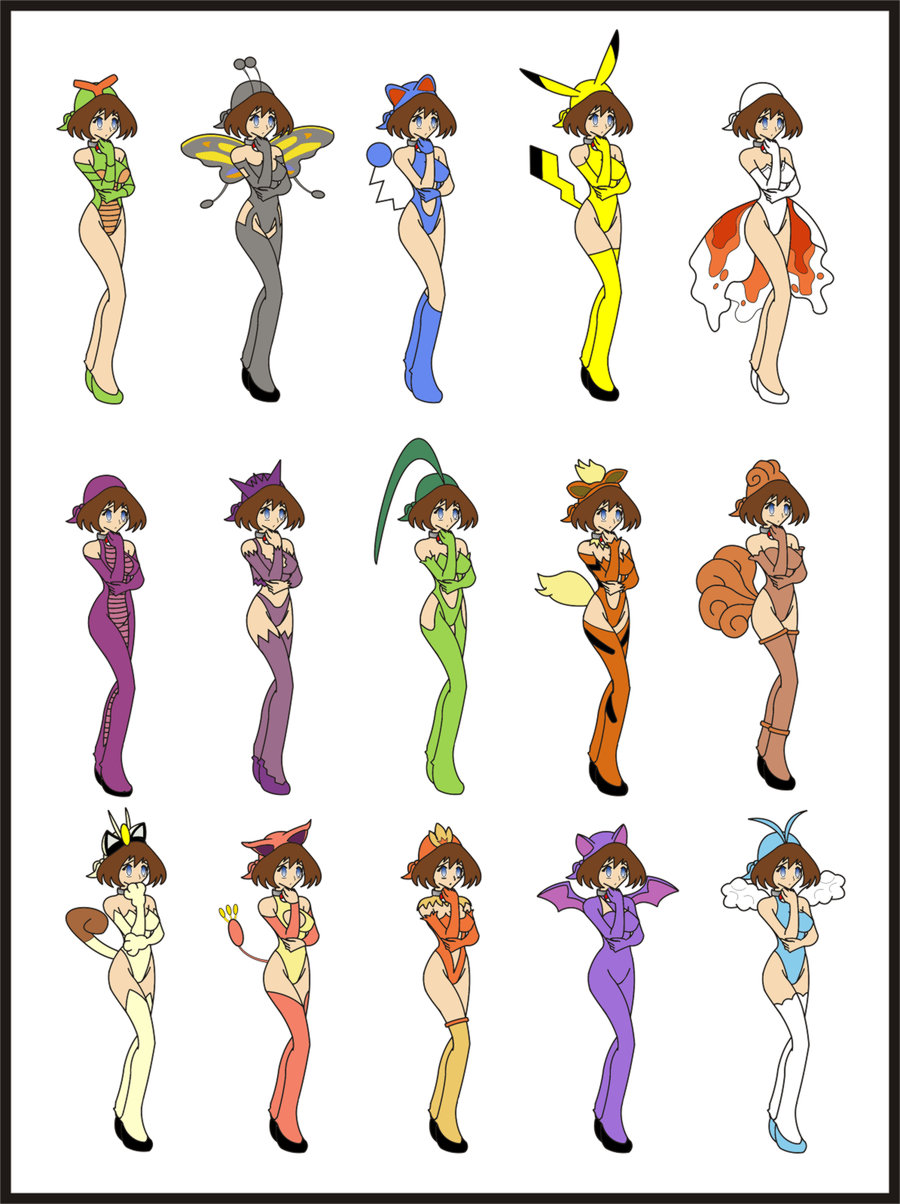 rosvo, butterfree, caterpie, goldeen, growlithe, marill, meowth, pikachu, skitty, torchic, vulpix, zubat, nintendo, pokemon, highres, 1girl, cosplay, gen 1 pokemon, gen 2 pokemon, gen 3 pokemon, mind control, simple background