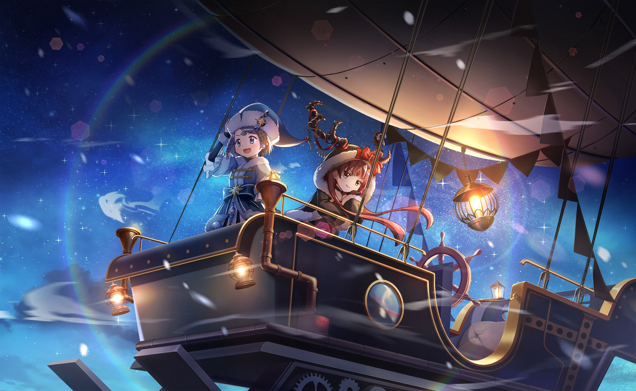 miki sayaka, miki sayaka (buon natale grazioso), sakura kyoko, mahou shoujo madoka magica, mahou shoujo madoka magica magia exedra, artist request, game cg, highres, official art, 2girls, aircraft, antlers, black coat, black sleeves, blue bow, blue coat, blue eyes, blue gemstone, blue hair, blue hat, bow, closed mouth, cloud, coat, dirigible, dot nose, fake antlers, forehead jewel, fortissimo, frilled sleeves, frills, full body, fur-trimmed coat, fur-trimmed headwear, fur-trimmed sleeves, fur trim, fur wrist cuffs, gem, gold buttons, hair ornament, hair over shoulder, hairclip, hand on headwear, hand on own chin, happy, hat, hat ornament, hexagram, hood, hood up, hooded coat, horn bow, horn ornament, horn ribbon, horns, horns through hood, lantern, layered sleeves, leaning forward, light particles, long hair, long sleeves, looking ahead, multiple girls, musical note, musical note hair ornament, night, official alternate costume, open mouth, outdoors, parted bangs, pillow, red bow, red eyes, red gemstone, red hair, red ribbon, reindeer antlers, ribbon, sakura kyoko (yuletide gift), santa hat, short hair, short over long sleeves, short sleeves, sky, sleeves past wrists, smile, smirk, snowing, sparkle, standing, star (sky), star (symbol), star hat ornament, starry sky, steering wheel, string of flags, tareme, tsurime, waist bow, white wrist cuffs, wrist cuffs