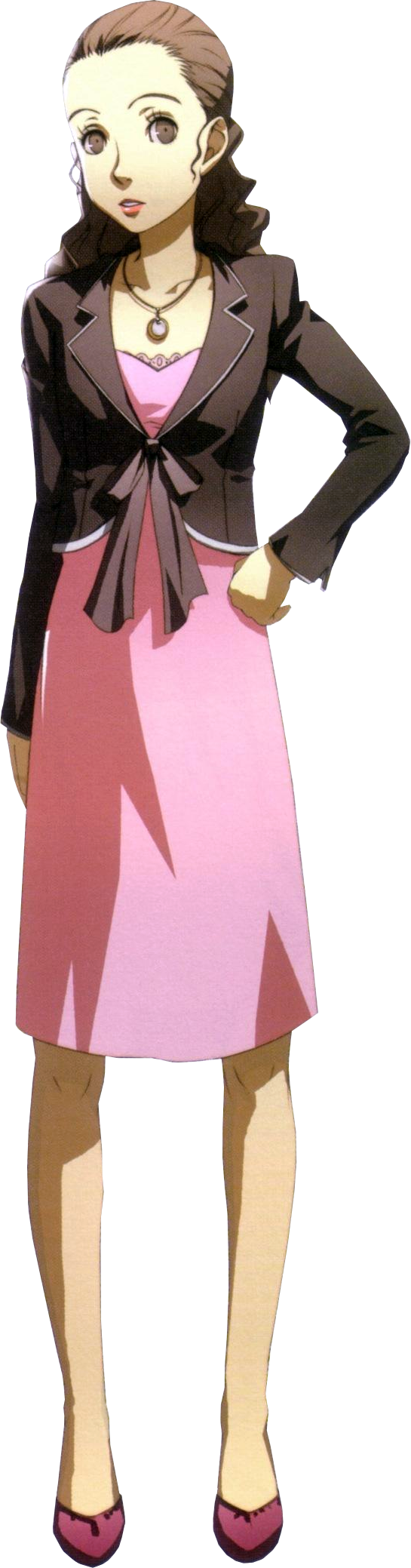 soejima shigenori, minami eri, persona, persona 4, highres, official art, third-party source, 1girl, brown eyes, brown hair, dress, full body, jewelry, necklace, pink dress, solo, standing, transparent background, wavy hair