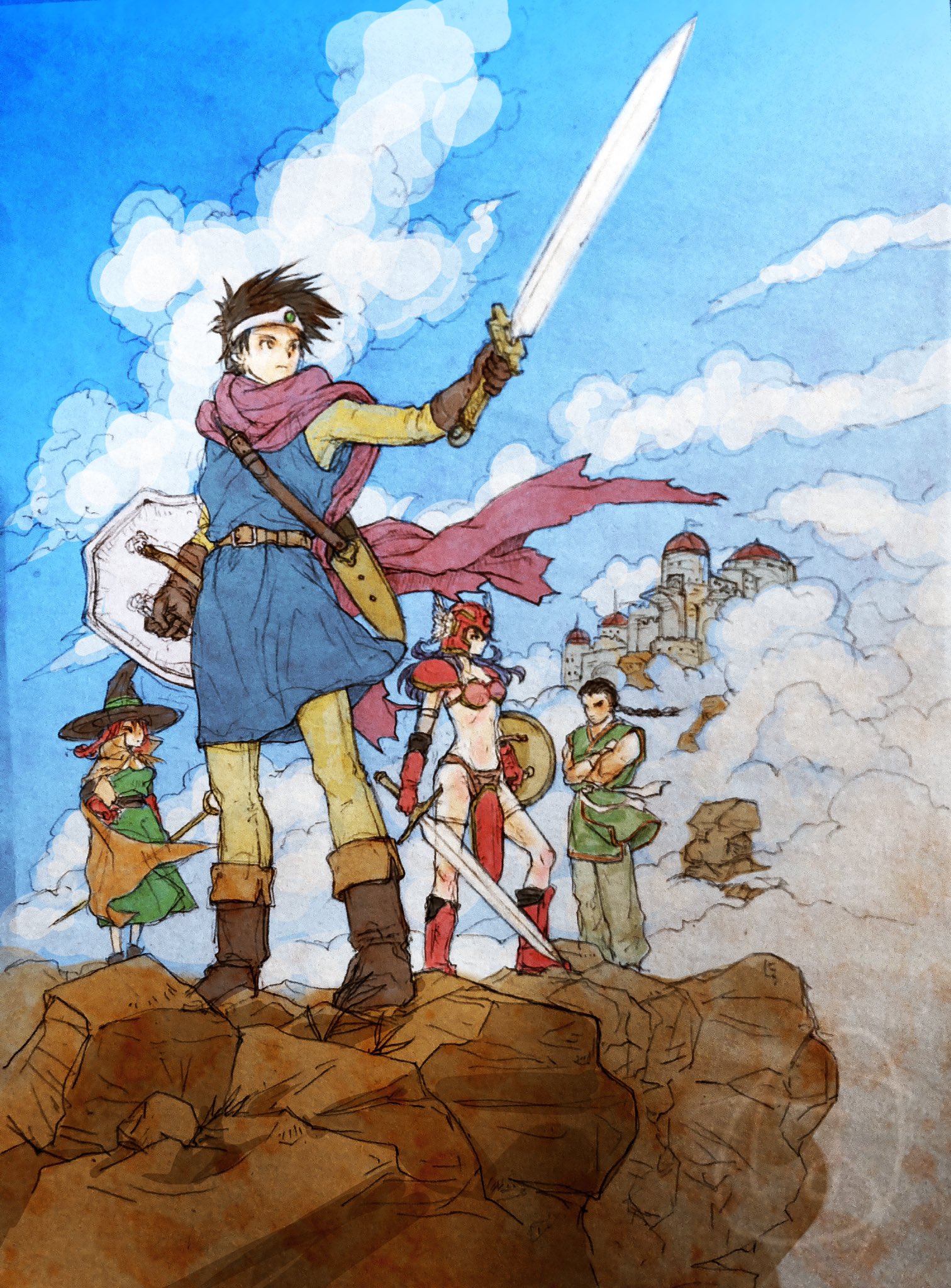 naoqat, hero (dq3), mage (dq3), martial artist (dq3), roto (dq3), warrior (dq3), dragon quest, dragon quest iii, commentary request, highres, 2boys, armor, bikini armor, black hat, blue sky, blue tunic, boots, braid, braided ponytail, brown boots, brown gloves, buckler, cape, castle, circlet, cloud, cloudy sky, crossed arms, dress, full body, gloves, green dress, hand up, hat, helmet, holding, holding shield, holding sword, holding weapon, low ponytail, mage staff, male focus, multiple boys, on rock, pelvic curtain, ponytail, purple cape, red armor, red helmet, shield, short hair, sky, solo focus, staff, standing, sword, tunic, weapon, winged helmet, witch hat