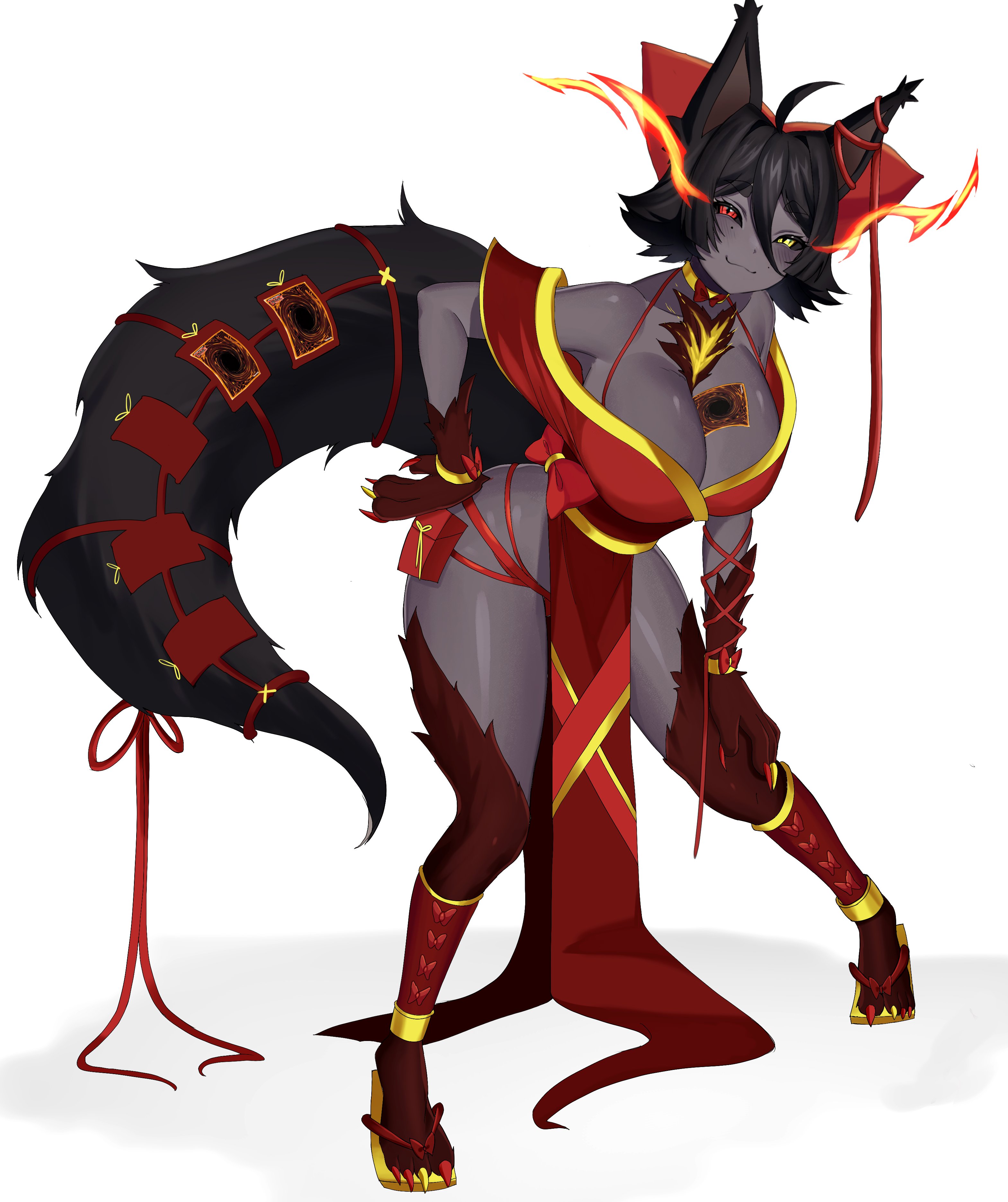 leiden yaegore, hellhound (monster girl encyclopedia), monster girl encyclopedia, yu-gi-oh!, absurdres, commentary, commission, english commentary, highres, 1girl, ahoge, animal ears, animal feet, animal hands, bare shoulders, between breasts, black sclera, breasts, card, card between breasts, closed mouth, colored sclera, colored skin, dog ears, dog girl, dog tail, double-parted bangs, flaming eyes, full body, grey skin, hair between eyes, leg fur, looking at viewer, monster girl, pelvic curtain, purple hair, red eyes, short hair, simple background, smile, solo, tail, trading card, white background, yellow eyes