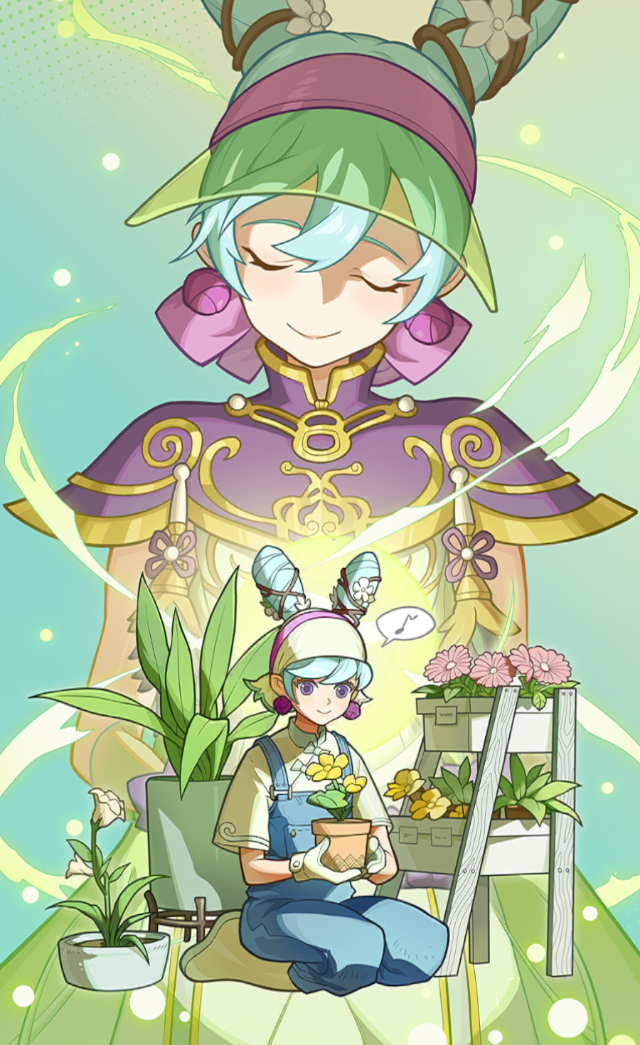 dislyte, artist request, game cg, highres, official art, third-party source, 1girl, blue hair, boots, chang pu (yao ji) (dislyte), closed eyes, earrings, flower, gloves, hair flower, hair ornament, holding, holding plant, jewelry, kneeling, musical note, overalls, pink flower, plant, potted plant, purple eyes, solo, speech bubble, spoken musical note, white flower, yellow flower