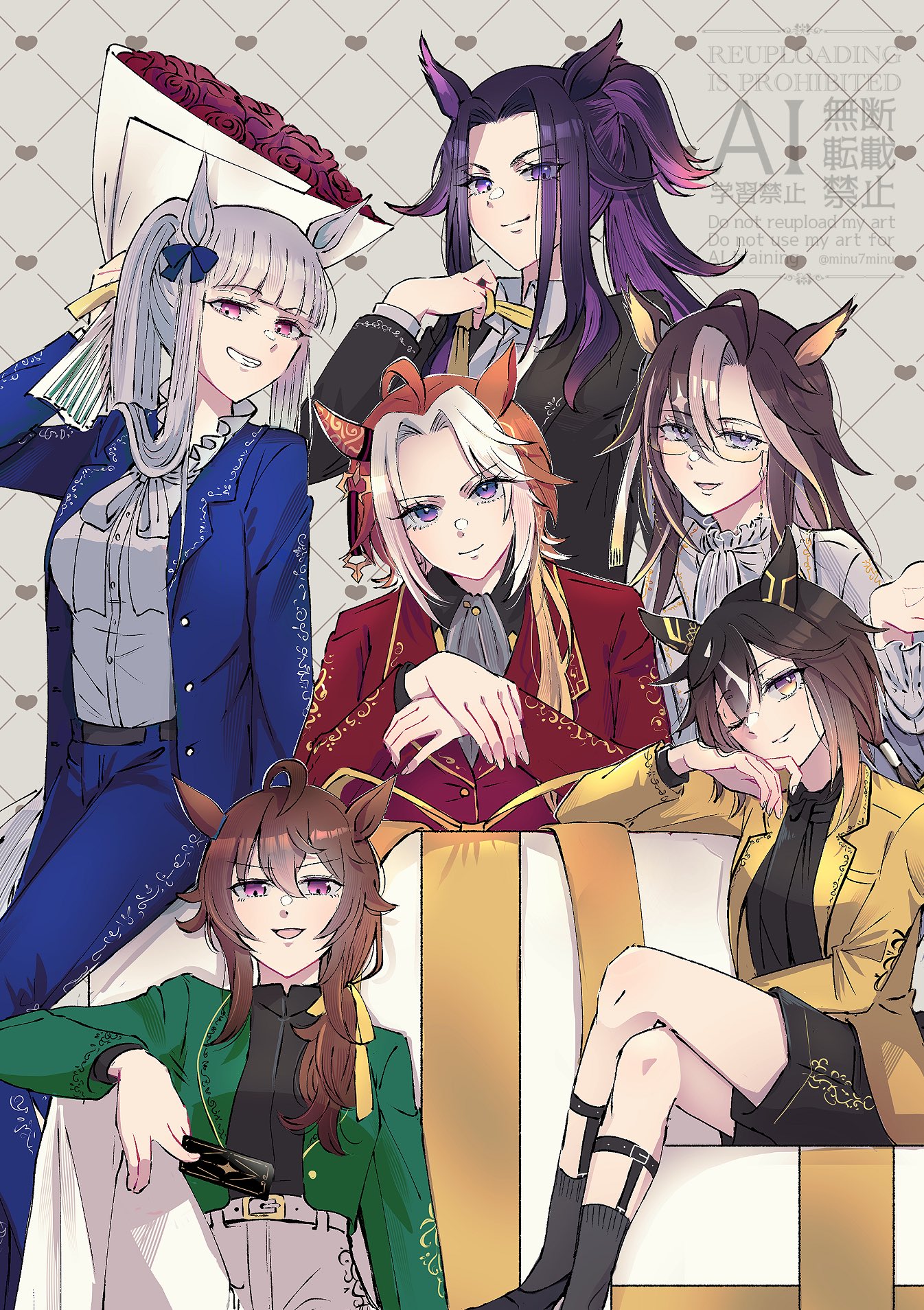 miinu (melenas), dream journey (snow-white dreamland) (umamusume), dream journey (umamusume), fenomeno (umamusume), gold ship (umamusume), nakayama festa (umamusume), orfevre (umamusume), stay gold (umamusume), umamusume, commentary request, highres, 6+girls, ahoge, alternate costume, animal ears, ascot, belt, black hair, black jacket, black shirt, black shorts, blue eyes, blue jacket, boots, bouquet, bow, box, breasts, brown eyes, brown hair, card, closed eyes, crossed legs, dress, ear bow, ear covers, ear ornament, eyewear strap, flipped hair, flower, gift, gift box, glasses, green jacket, grey ascot, grey hair, grin, hair between eyes, holding, holding bouquet, holding card, horse ears, horse girl, horse tail, jacket, long hair, long sleeves, looking at viewer, medium breasts, multicolored hair, multiple girls, necktie, one eye closed, open mouth, orange hair, pants, ponytail, purple eyes, purple hair, red jacket, shirt, shorts, single ear cover, sitting, smile, stay gold clan (umamusume), streaked hair, tail, teeth, two-tone hair, white ascot, white belt, white dress, white hair, white pants, white shirt, yellow necktie