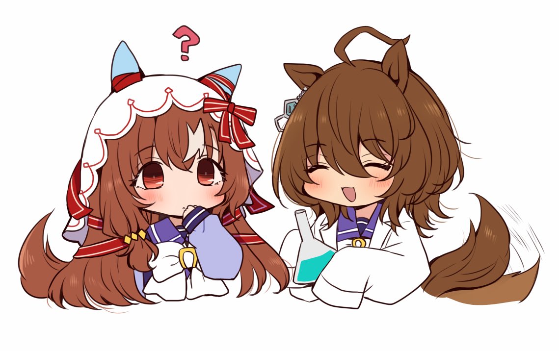 chiyakobu, agnes tachyon (umamusume), still in love (umamusume), umamusume, 2girls, ?, ahoge, animal ears, blush, bow, bowtie, brown hair, chemical structure, closed eyes, coat, cropped torso, ear covers, ear ribbon, earrings, hair between eyes, hair ornament, holding beaker, horse ears, horse girl, horse tail, huge ahoge, jewelry, lab coat, long hair, long sleeves, medium hair, multiple girls, open mouth, purple sailor collar, purple serafuku, purple shirt, red eyes, sailor collar, sailor shirt, school uniform, serafuku, shirt, simple background, sleeves past fingers, sleeves past wrists, smile, tail, tail wagging, tracen school uniform, veil, white background, white bow, white bowtie, white coat, white streaks, white veil, wolf cut