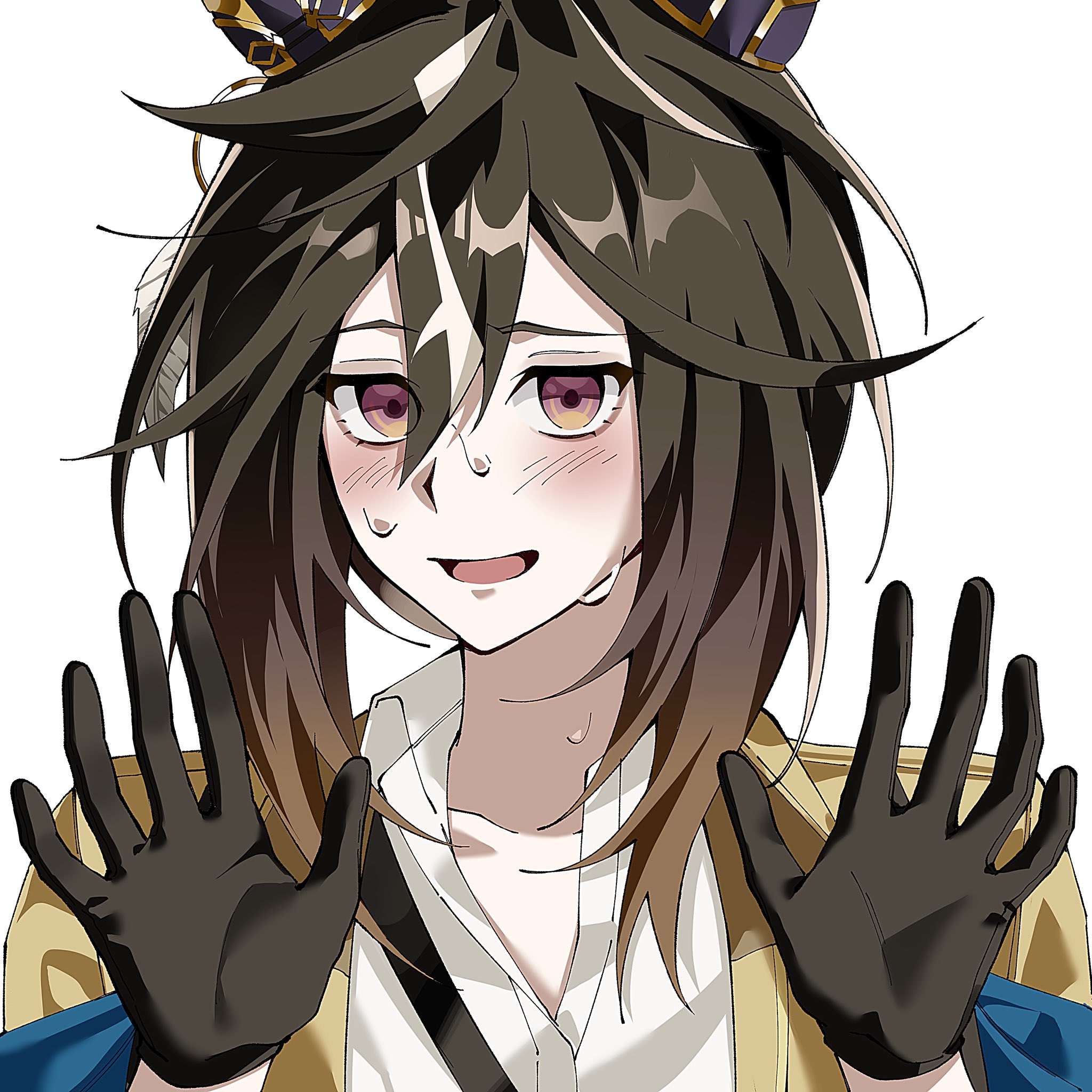 stay gold (umamusume), umamusume, commentary, highres, symbol-only commentary, 1girl, animal ears, black gloves, black hair, blush, brown eyes, brown hair, closed mouth, coat, collared shirt, ear covers, gloves, gradient eyes, hair between eyes, hands up, horse ears, horse girl, long hair, looking at viewer, multicolored eyes, multicolored hair, open mouth, osamapublishing, purple eyes, shirt, simple background, solo, streaked hair, sweat, white background, white hair, white shirt, yellow coat