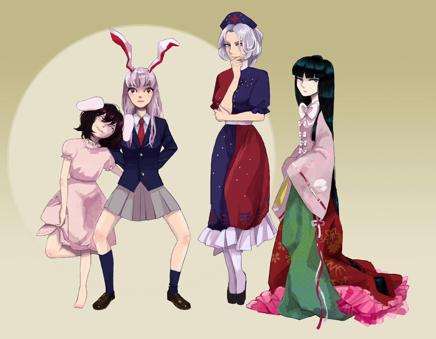 fu (mushibun), fu (pixiv), houraisan kaguya, inaba tewi, reisen udongein inaba, yagokoro eirin, touhou, 4girls, animal ears, barefoot, female focus, full body, hat, japanese clothes, long hair, long sleeves, multiple girls, pantyhose, rabbit ears, skirt, sleeves past wrists, spread legs, standing, troll face, very long hair