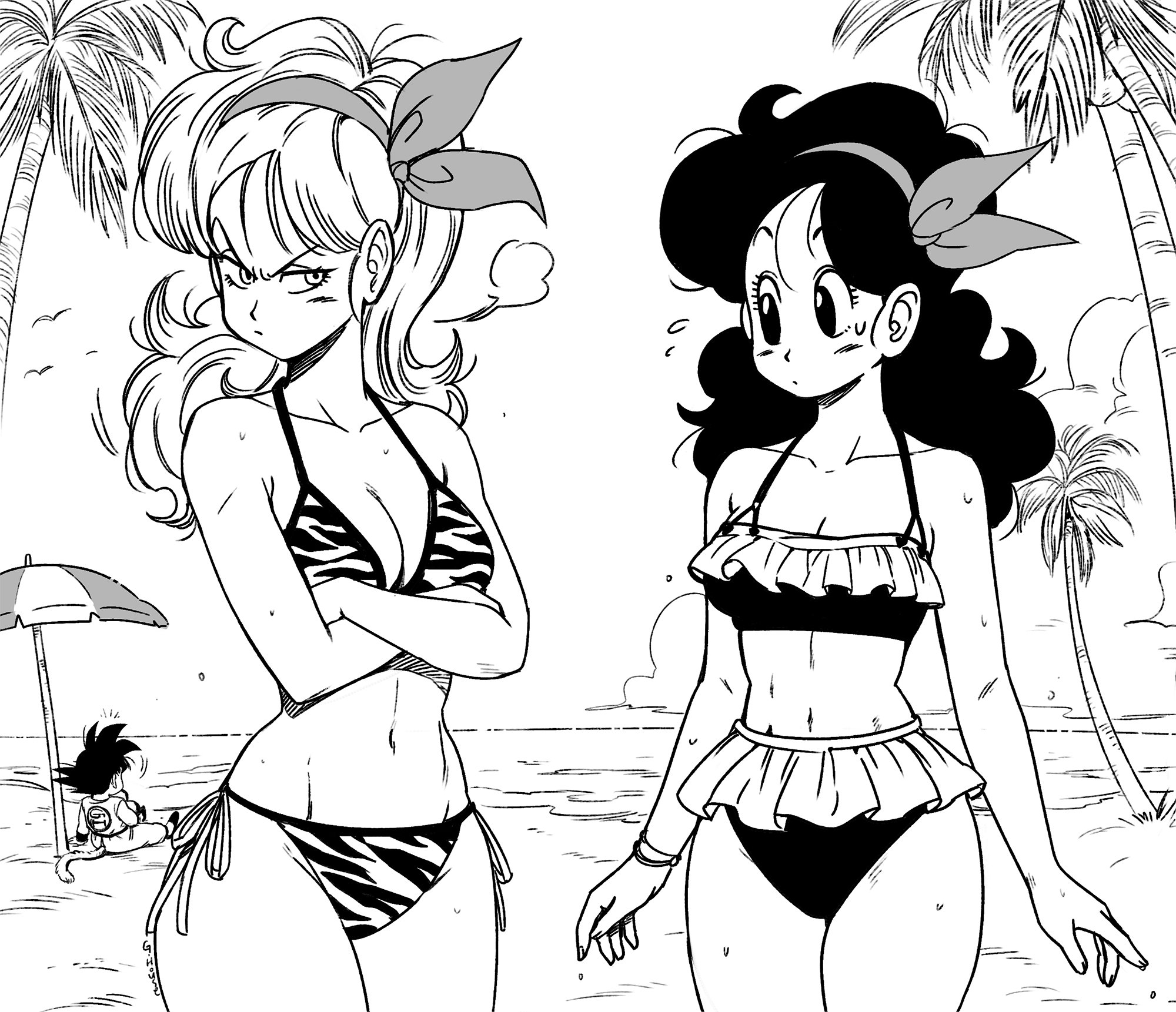 lunch (bad) (dragon ball), lunch (dragon ball), lunch (good) (dragon ball), son goku, dragon ball, 1boy, 2girls, animal print, beach, bikini, black hair, blonde hair, breasts, cleavage, frilled bikini, frills, ghouse 01, hair ribbon, long hair, monochrome, multiple girls, navel, ocean, palm tree, ribbon, side-tie bikini bottom, swimsuit, thighs, tiger print, tree