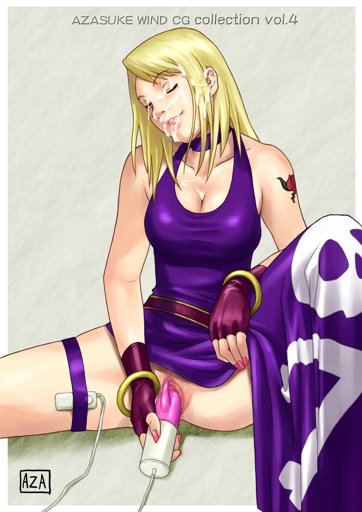 azasuke, b. jenet, fatal fury, garou: mark of the wolves, snk, the king of fighters, highres, 1girl, censored, cum, cum on body, facial, female focus, female masturbation, female pubic hair, masturbation, nail polish, pubic hair, sex toy, solo, spread legs, vibrator