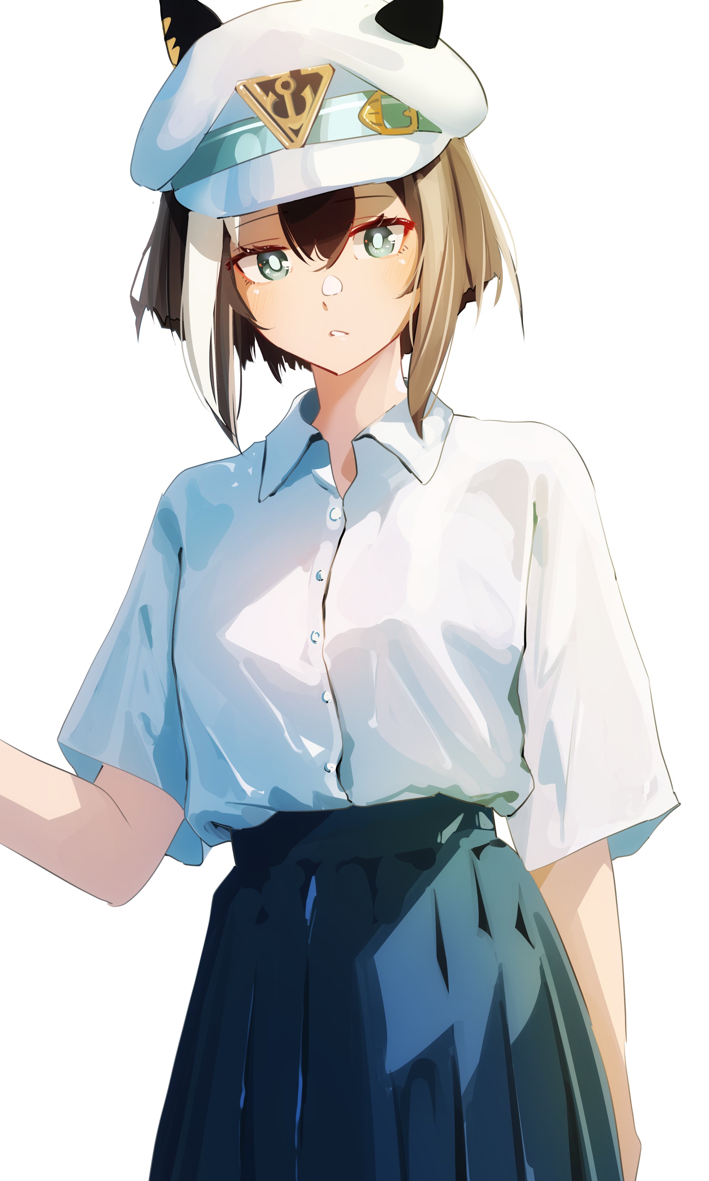 yoojp, cheval grand (umamusume), umamusume, absurdres, commentary request, highres, 1girl, animal ears, blue eyes, blue skirt, blush, breasts, brown hair, closed mouth, collared shirt, hair between eyes, hat, horse ears, horse girl, looking at viewer, medium hair, multicolored hair, peaked cap, pleated skirt, shirt, short sleeves, simple background, skirt, solo, streaked hair, white background, white hair, white hat, white shirt