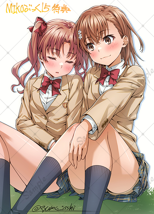 isshi pyuma, misaka mikoto, shirai kuroko, toaru kagaku no railgun, toaru majutsu no index, commentary request, 2girls, blazer, bow, bowtie, brown eyes, brown hair, jacket, multiple girls, plaid clothes, plaid skirt, red bow, red bowtie, sample watermark, school uniform, skirt, socks, tokiwadai school uniform, twintails, watermark, watermark grid, winter uniform