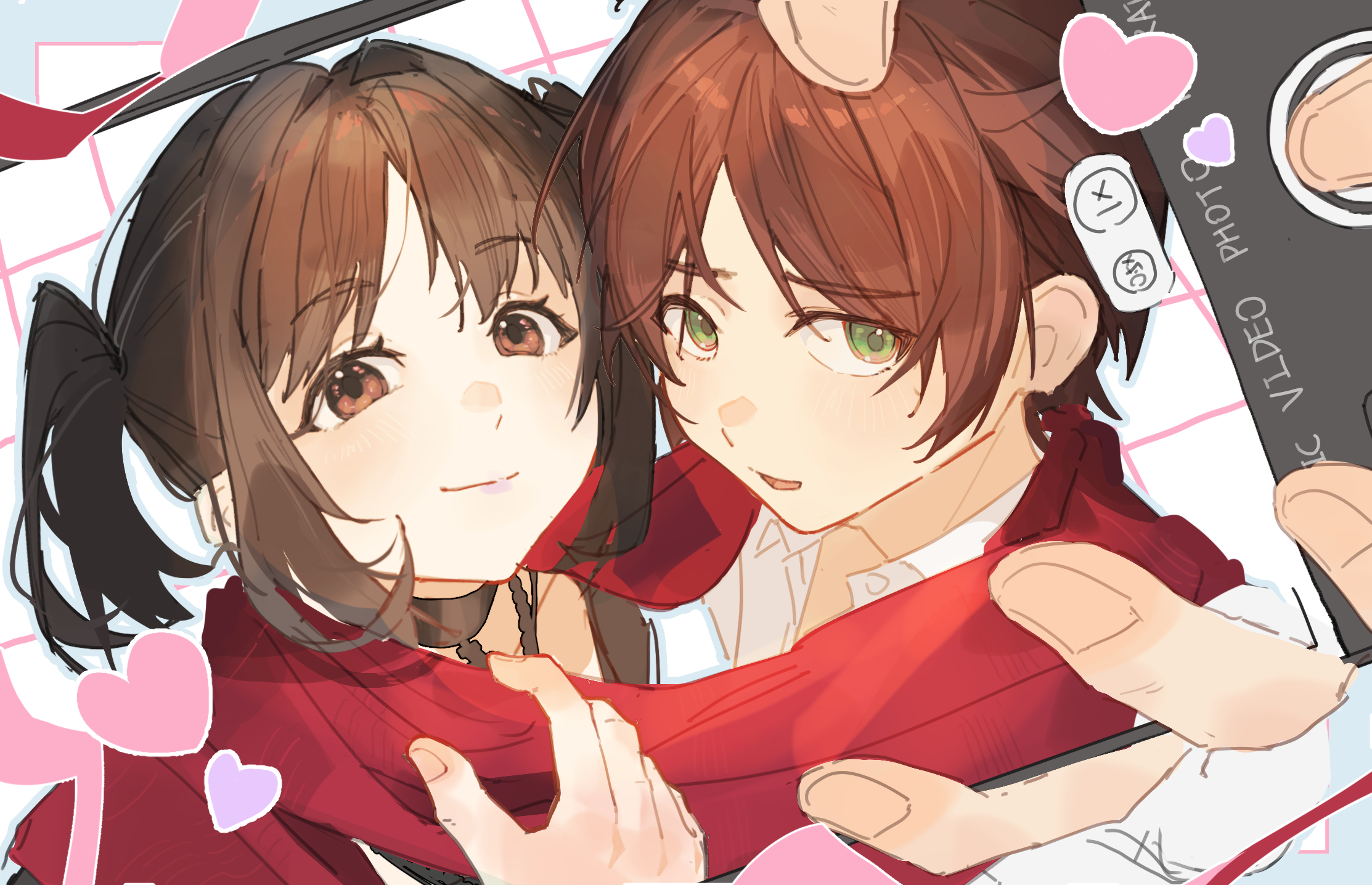 eren yeager, mikasa ackerman, shingeki no kyojin, commentary, highres, symbol-only commentary, 1boy, 1girl, aria b, black choker, black hair, blush, brown eyes, brown hair, cellphone photo, choker, close-up, closed mouth, goth fashion, green eyes, heart, holding, holding phone, looking at viewer, parted lips, phone, red scarf, scarf, shared clothes, shared scarf, shirt, short hair, smile, twintails, upper body, white shirt