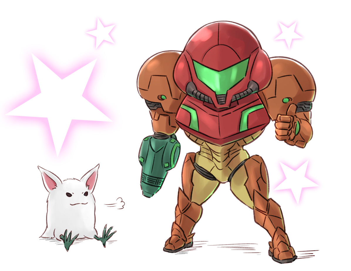 wakaba (wata ridley), little birdy, samus aran, metroid, metroid: other m, nintendo, commentary request, 1girl, arm cannon, armor, assault visor, full armor, green visor, power armor, power suit (metroid), simple background, star (symbol), thumbs up, weapon, white fur