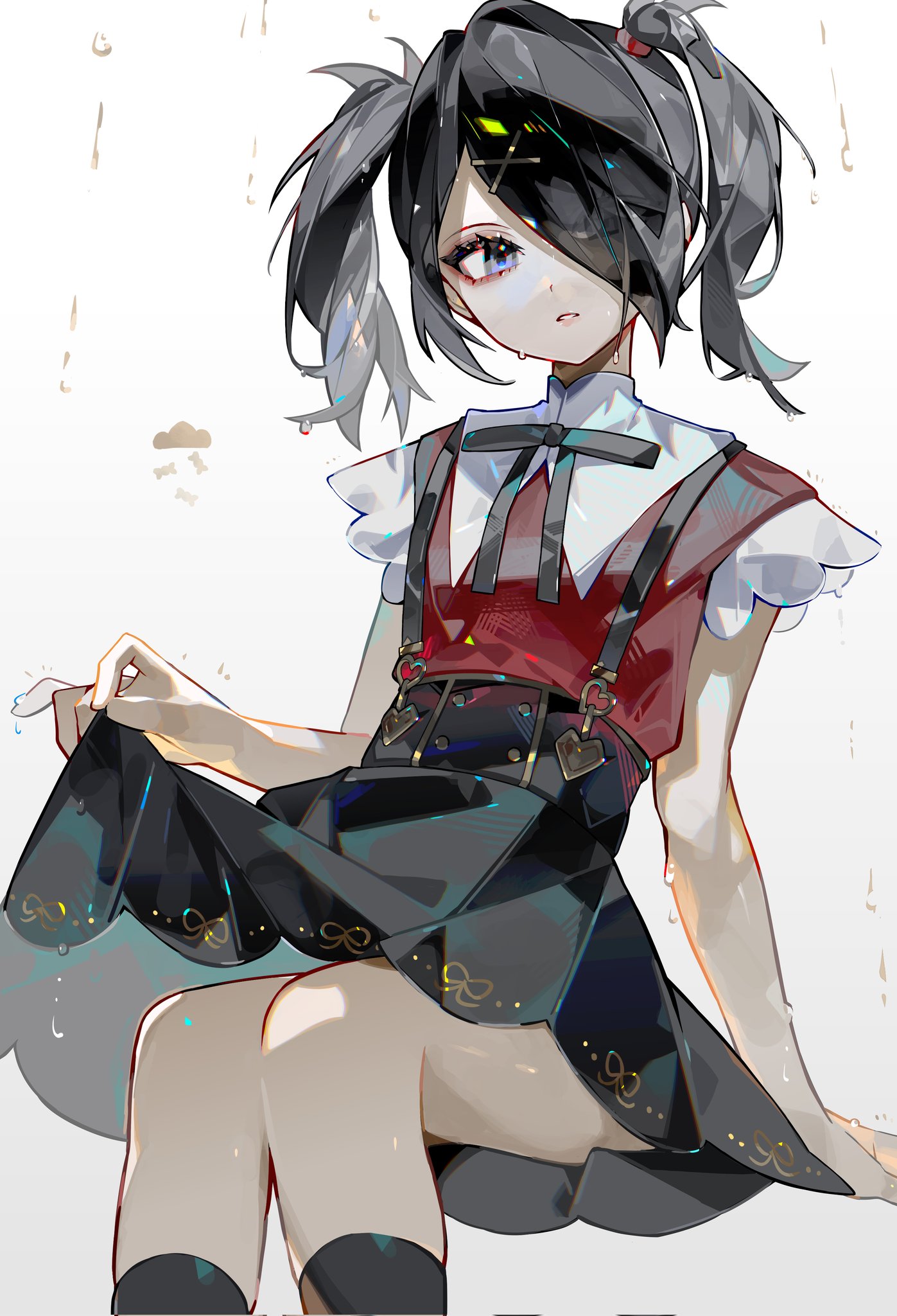 hiro (yoshi chan), ame-chan (needy girl overdose), needy girl overdose, commentary, highres, symbol-only commentary, 1girl, black eyes, black hair, black ribbon, black skirt, black socks, candy, chair, clothes lift, cloud, collar, eyes visible through hair, food, hair ornament, hair over one eye, hand on chair, head tilt, heart, invisible chair, neck ribbon, parted bangs, parted lips, red shirt, ribbon, shirt, short hair, simple background, sitting, skirt, skirt lift, sleeveless, sleeveless shirt, socks, solo, suspender skirt, suspenders, twintails, water drop, wet, white background, white collar, winged sleeves, x hair ornament