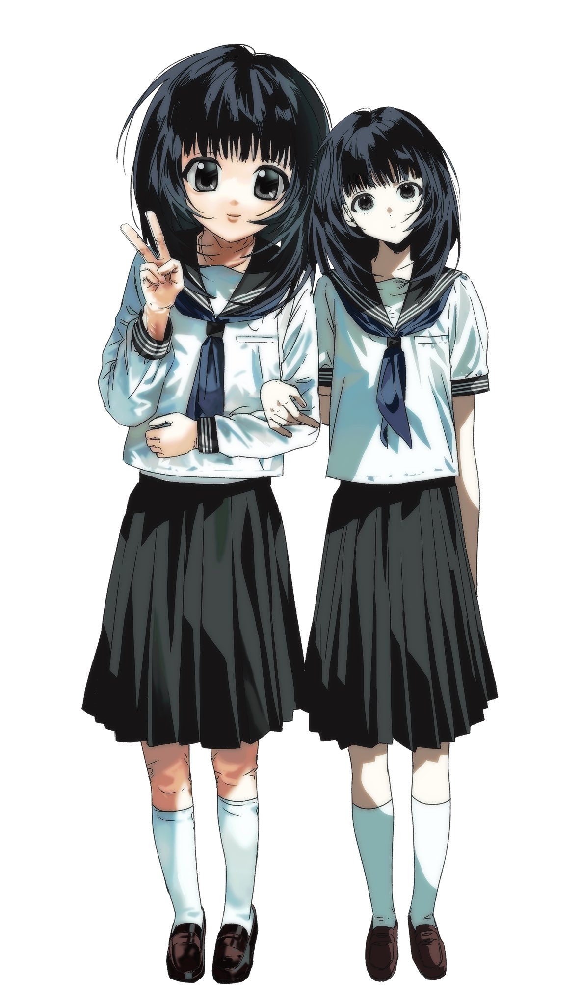 original, check copyright, copyright request, highres, 2girls, animegao, black eyes, black hair, black sailor collar, black skirt, blue neckerchief, blunt bangs, brown shoes, closed mouth, cosplay, expressionless, flat chest, full body, hand on another's arm, head tilt, kigurumi, kneehighs, light smile, loafers, long skirt, looking at viewer, medium hair, multiple girls, neckerchief, pleated skirt, ranxan0, sailor collar, school uniform, serafuku, shirt, shoes, short sleeves, skirt, socks, standing, v, white background, white shirt, white socks