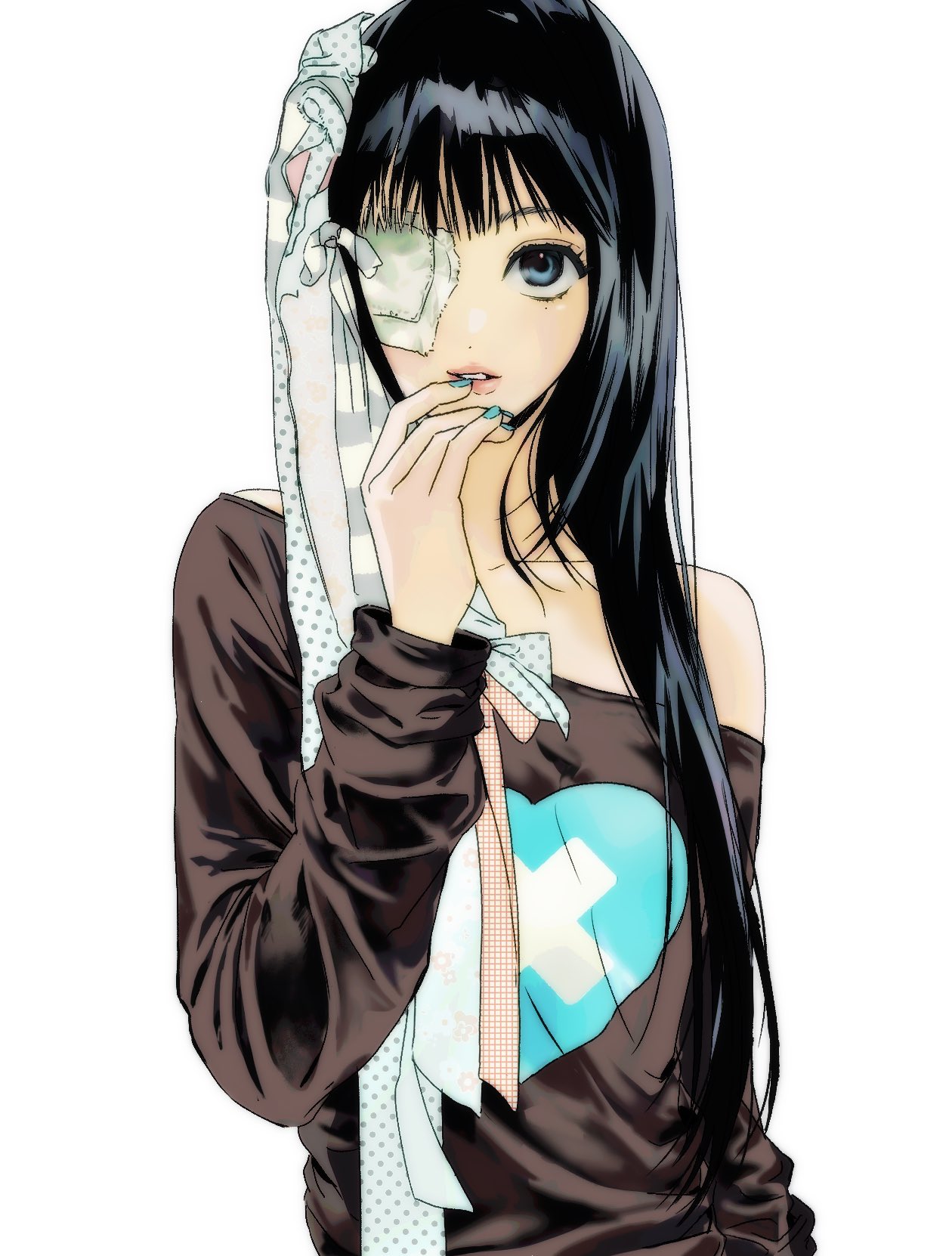 real life, hashtag-only commentary, highres, 1girl, aqua nails, black hair, blue eyes, blunt bangs, brown shirt, dot nose, eyepatch, finger to mouth, floral print ribbon, hair ribbon, heart, heart print, illit, iroha (illit), k-pop, long hair, long sleeves, looking at viewer, mole, mole under eye, orange ribbon, parted lips, polka dot, polka dot ribbon, ranxan0, ribbon, sanpaku, shirt, sidelocks, single off shoulder, solo, straight hair, striped ribbon, upper body, white background, white ribbon