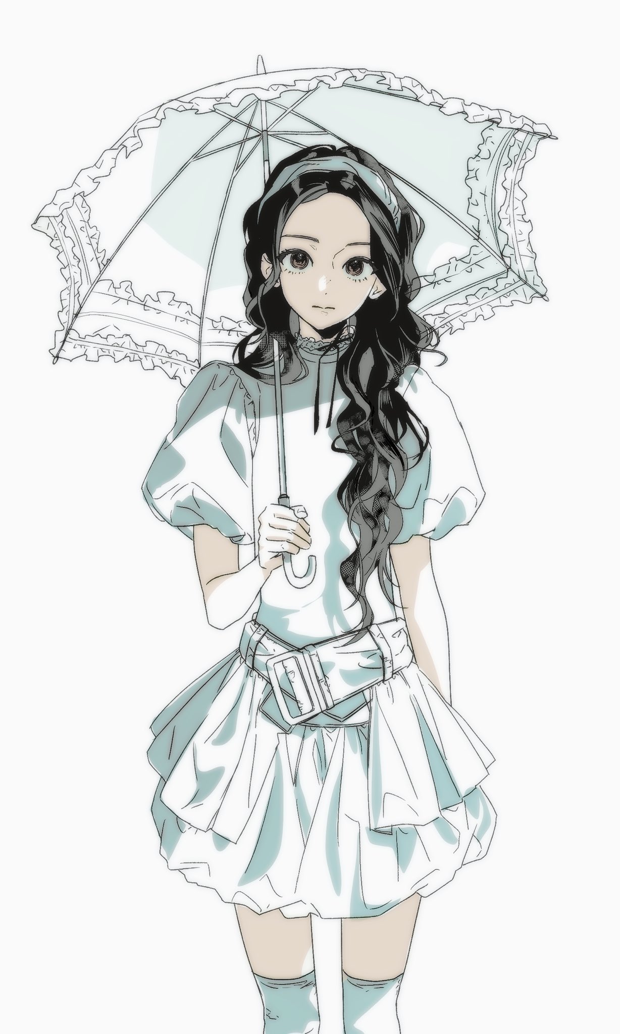 real life, commentary request, highres, korean commentary, 1girl, belt, black hair, black ribbon, brown eyes, bubble skirt, closed mouth, collar, cosplay, curly hair, expressionless, forehead, frilled collar, frilled umbrella, frills, head tilt, headband, high collar, holding, holding umbrella, illit, k-pop, large belt, legs up, long hair, moka (illit), neck ribbon, pale skin, parasol, puffy short sleeves, puffy sleeves, ranxan0, ribbon, ryuugasaki momoko, ryuugasaki momoko (cosplay), sanpaku, shimotsuma monogatari, shirt, short sleeves, skirt, socks, solo, thighhighs, umbrella, white background, white belt, white headband, white shirt, white skirt, white socks, white umbrella, zettai ryouiki