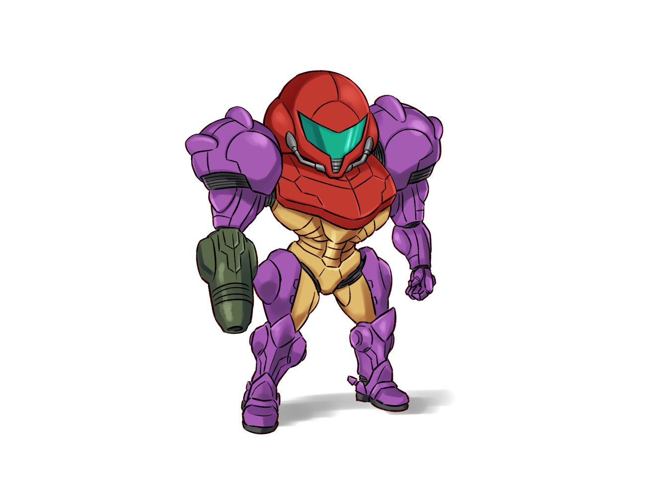 wakaba (wata ridley), samus aran, metroid, nintendo, commentary request, 1girl, arm cannon, armor, assault visor, blue visor, chibi, full armor, gravity suit (metroid), multicolored armor, power armor, power suit (metroid), purple armor, simple background, weapon, white background