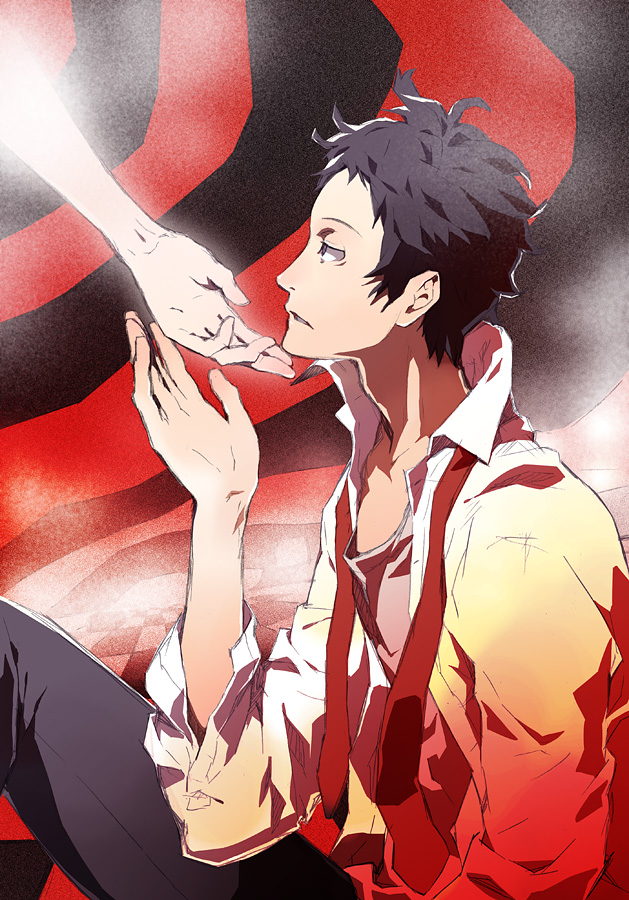 ginsyari, kishiwada robin, adachi tooru, izanami (persona), atlus, persona, persona 4, spoilers, 1boy, black hair, male focus, necktie