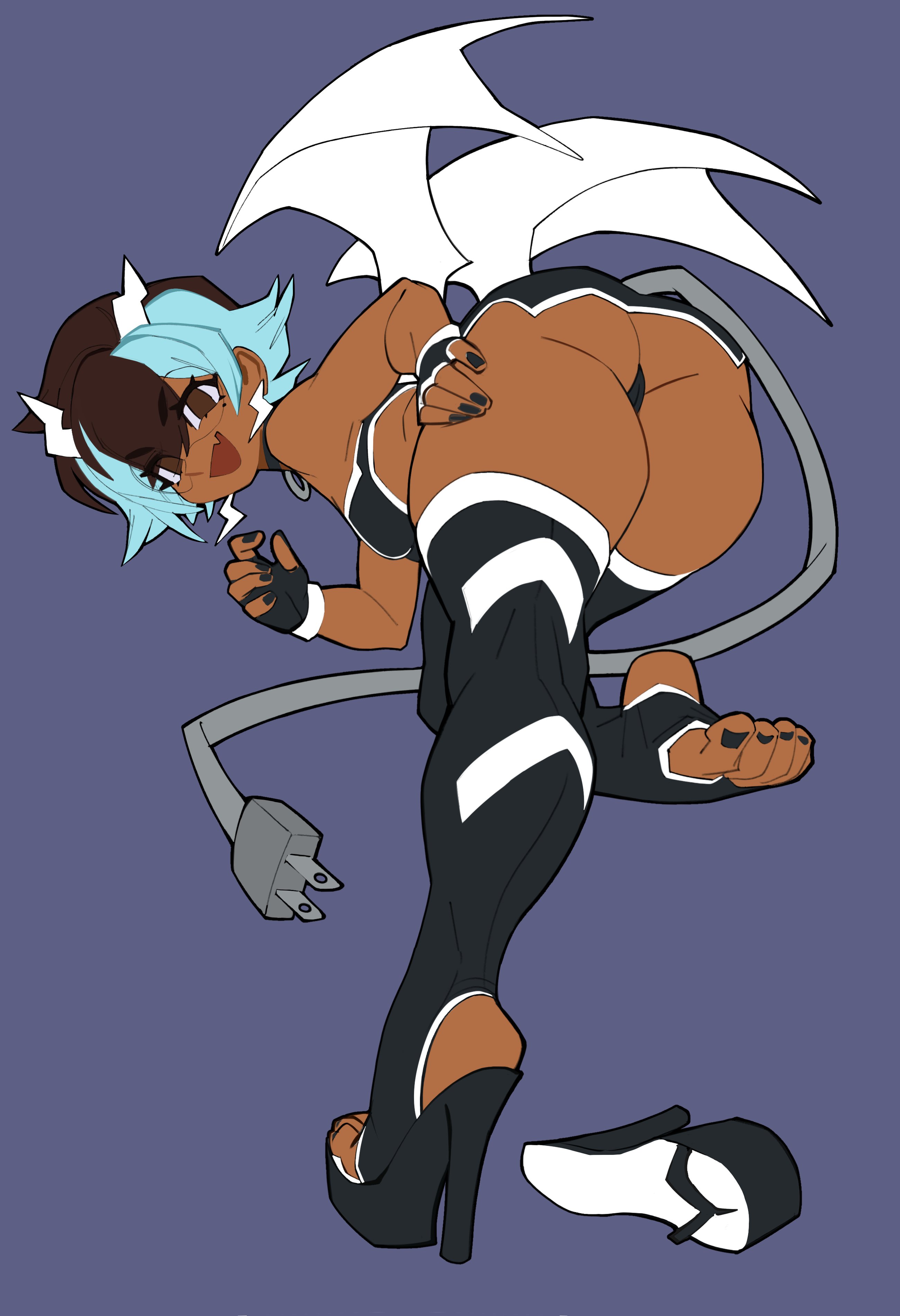 nezo, original, absurdres, commentary, highres, symbol-only commentary, unfinished, 1girl, ass, bent over, black gloves, black nails, black sandals, black shoes, black thighhighs, blue background, blue hair, breasts, brown eyes, brown hair, dark-skinned female, dark skin, double-parted bangs, earrings, electric plug, electric plug tail, fang, feet, fingerless gloves, fingernails, from behind, full body, gloves, hair ornament, hand on own thigh, high heels, jewelry, lightning bolt, lightning bolt earrings, lightning bolt hair ornament, lightning bolt symbol, looking at viewer, looking back, mole, mole under eye, multicolored hair, nail polish, open mouth, platform sandals, sandals, shoes, short hair, simple background, skin fang, small breasts, smile, solo, standing, standing on one leg, tail, thick thighs, thighhighs, thighs, toe scrunch, toenail polish, toenails, toes, two-tone hair, wings