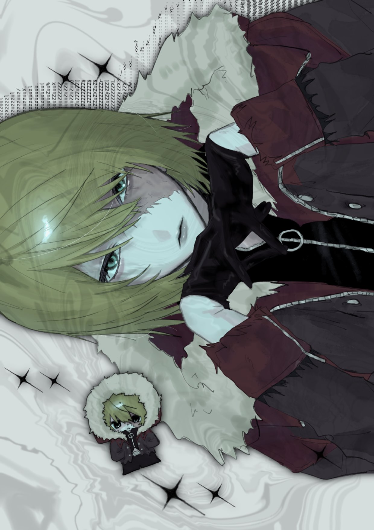 mello (death note), death note, hashtag-only commentary, highres, 1boy, arms up, black gloves, black shirt, blue eyes, chibi, closed mouth, coat, fur-trimmed hood, fur trim, gloves, hood, hood up, km ll, looking to the side, male focus, parted bangs, red coat, shirt, sideways, sideways glance, swept bangs, unzipped, upper body, white fur, zipper