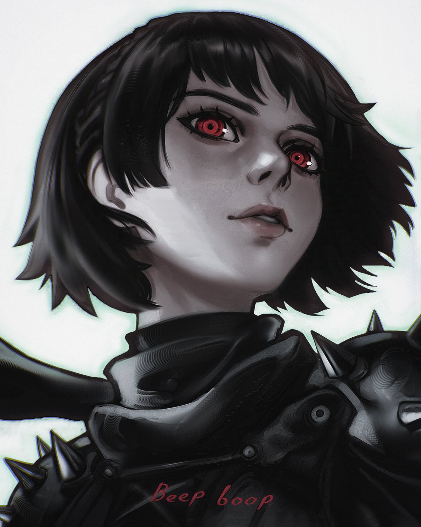 chapinor, niijima makoto, queen (persona 5), persona, persona 5, highres, 1girl, black scarf, bodysuit, braid, brown hair, crown braid, lips, long scarf, looking at viewer, parted lips, red eyes, ringed eyes, scarf, short hair, shoulder pads, shoulder spikes, simple background, solo, spikes, upper body