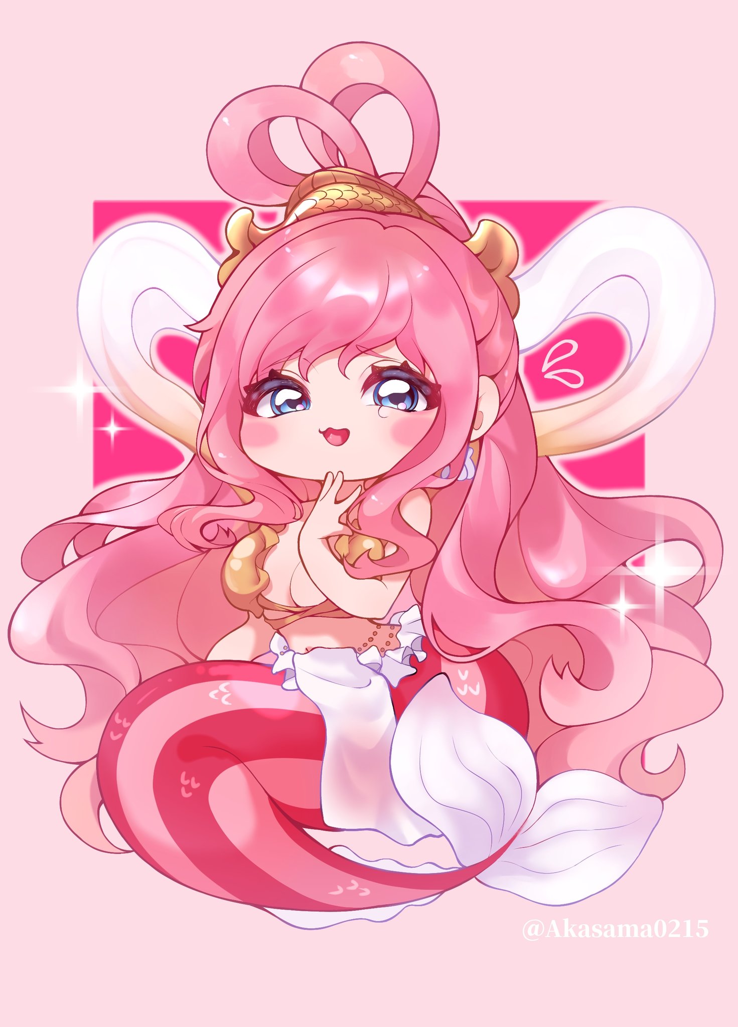 shirahoshi, one piece, commentary request, highres, 1girl, akasama0215, bikini, blush stickers, chibi, earrings, fish hair ornament, hagoromo, hair ornament, half updo, jewelry, long hair, mermaid, monster girl, pink background, pink hair, shawl, shell, shell earrings, smile, solo, swept bangs, swimsuit, twitter username, yellow bikini