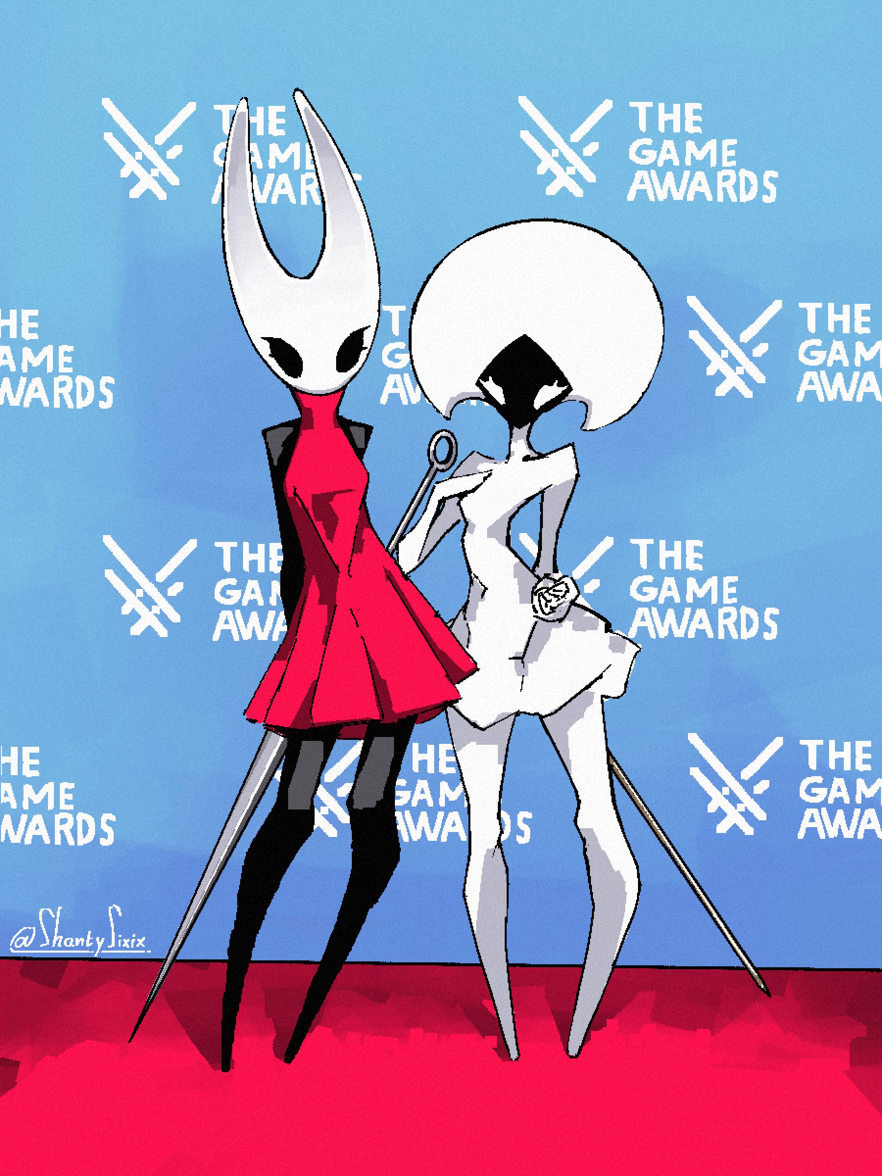 shantysixix, hornet (hollow knight), lace (hollow knight), hollow knight, hollow knight: silksong, the game awards, absurdres, commentary, english commentary, highres, arthropod girl, black skin, cloak, colored skin, dress, full body, hollow eyes, horned mask, looking at viewer, mask, nail (hollow knight), needle (hollow knight), red cloak, white mask