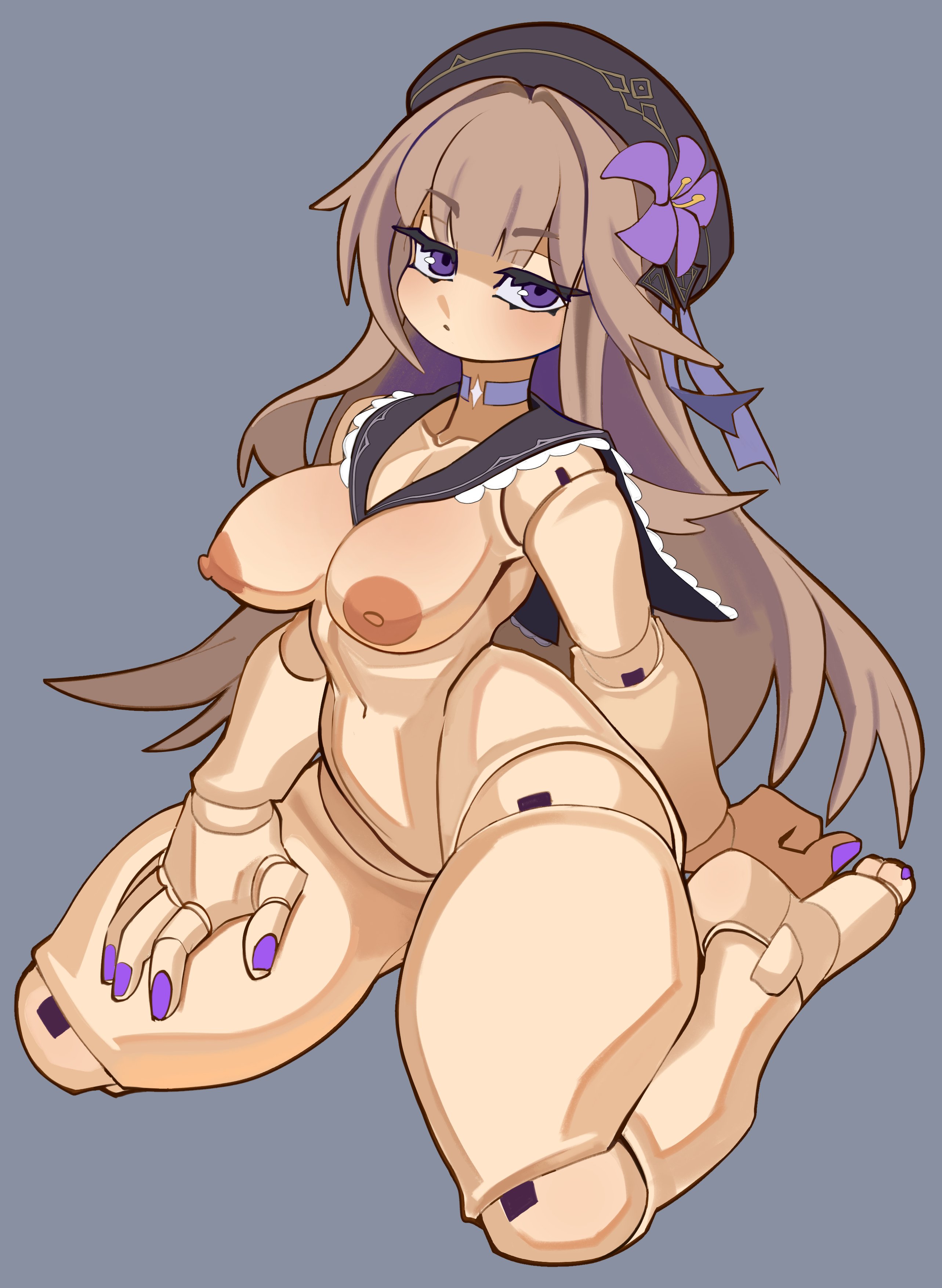 nezo, herta (honkai: star rail), herta (puppet) (honkai: star rail), honkai: star rail, honkai (series), absurdres, commentary, english commentary, highres, 1girl, beret, black hat, black sailor collar, breasts, brown hair, choker, closed mouth, collarbone, doll joints, fingernails, flower, full body, grey background, hair flower, hair ornament, hat, joints, long hair, looking at viewer, medium breasts, nipples, no pussy, nude, purple choker, purple eyes, purple flower, sailor collar, simple background, sitting, solo, wariza