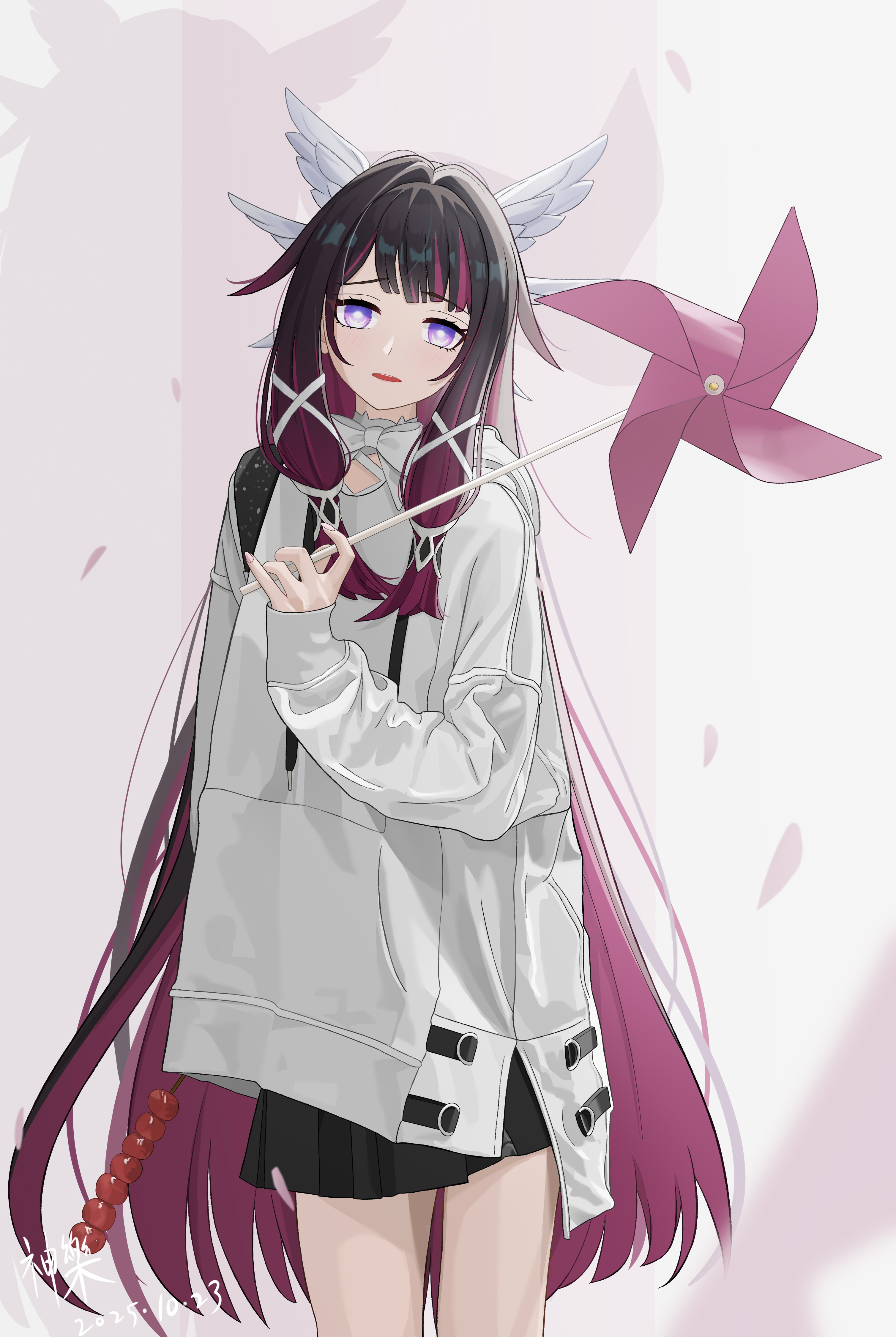 shenle, columbina (genshin impact), genshin impact, absurdres, commentary request, highres, 1girl, alternate costume, artist name, black hair, black skirt, colored inner hair, furrowed brow, gradient hair, hair ornament, head wings, holding, hood, jacket, long hair, long sleeves, looking at viewer, moon-shaped pupils, multicolored hair, open mouth, pink hair, pinwheel, pleated skirt, purple eyes, skirt, solo, standing, streaked hair, tanghulu, two-tone hair, very long hair, wing hair ornament, wings