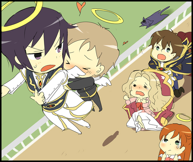 kl (dgzonbi), arthur (code geass), kururugi suzaku, lelouch vi britannia, nunnally vi britannia, rolo lamperouge, shirley fenette, code geass, spoilers, > <, 00s, 2girls, 3boys, angel, blush, cat, closed eyes, flying, halo, heart, multiple boys, multiple girls, oekaki, open mouth, running, sweat, tears, traditional halo, wings
