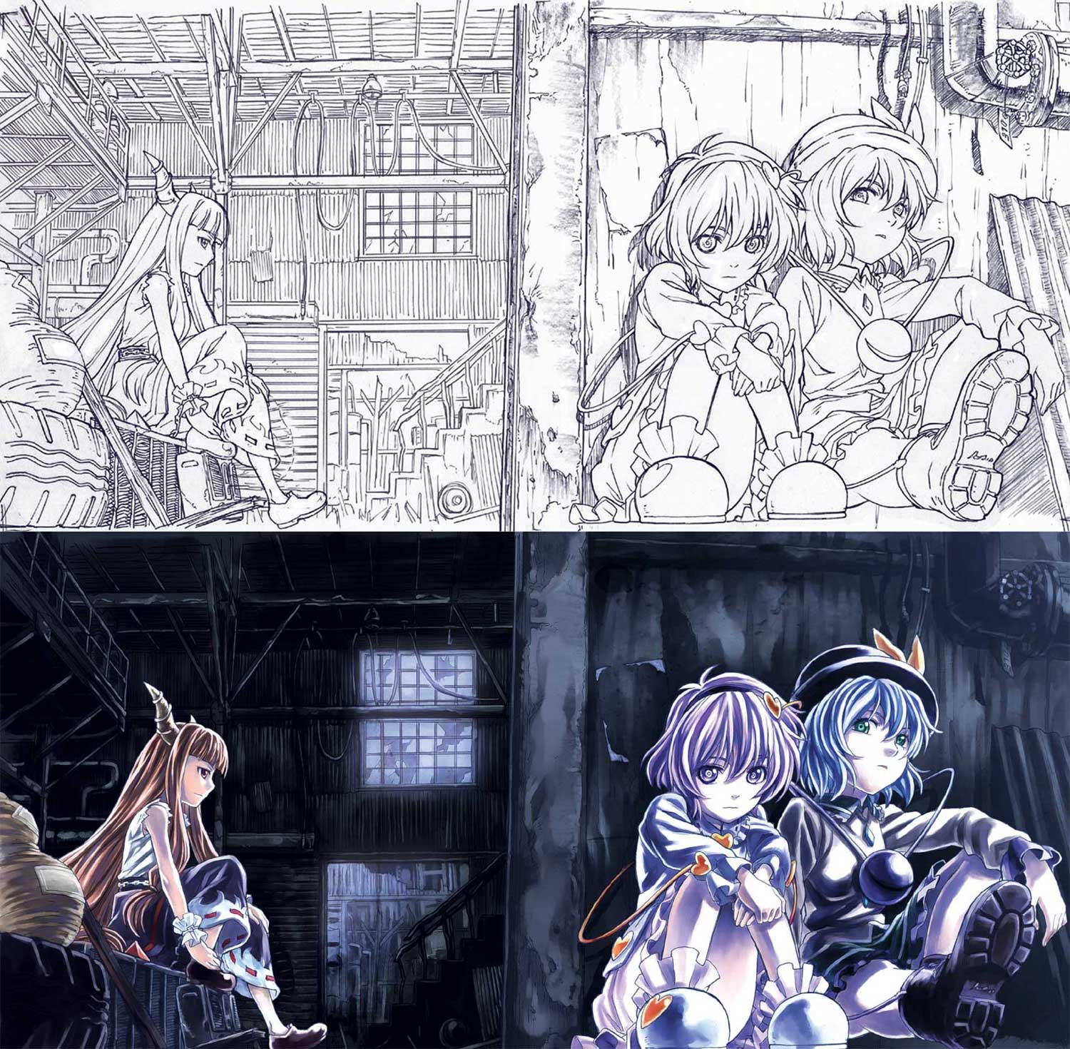 sakino shingetsu, ibuki suika, komeiji koishi, komeiji satori, touhou, silver hair, highres, 3girls, before and after, bow, brown hair, female focus, green eyes, hat, heart, horns, long hair, multiple girls, purple eyes, purple hair, ribbon, short hair, siblings, sisters