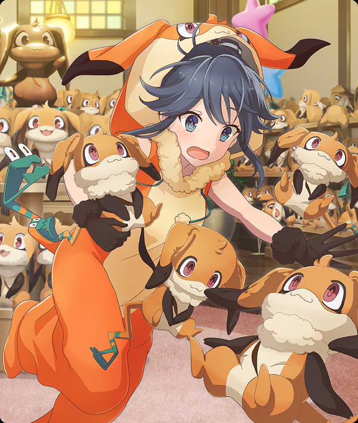 nene (toji no miko), yamashiro yui, toji no miko, toji no miko: kizamishi issen no tomoshibi, game cg, official art, third-party source, 1girl, bare arms, black gloves, black hair, blue eyes, blush, character costume, character doll, checkered floor, cosplay, doll, dot nose, gloves, holding, holding stuffed toy, indoors, nene (toji no miko) (cosplay), open mouth, outstretched arm, pink pupils, purple eyes, reaching, red pupils, reflective floor, shelf, sidelocks, solo, standing, standing on one leg, star balloon, statue, stuffed animal, stuffed toy, tile floor, tiles, too many dolls