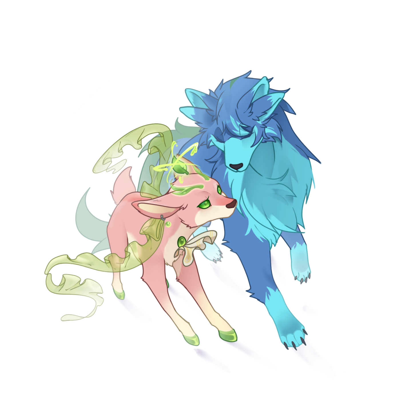 veghia, plants vs. zombies, plants vs. zombies 2, plants vs. zombies 2 (chinese), chinese commentary, commentary request, highres, animal, animal focus, animalization, ascot, blue fur, closed eyes, deer, full body, gem, green eyes, green gemstone, looking at another, no humans, power lily (plants vs. zombies), rosemary (plants vs. zombies), simple background, solid circle eyes, u u, white ascot, white background, wolf