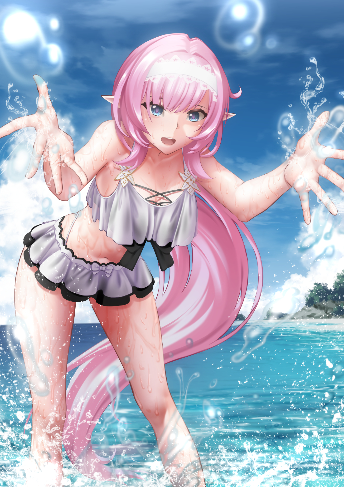 395z, elysia (honkai impact), elysia (miss pink elf) (honkai impact), elysia (summer miss elf) (honkai impact), honkai (series), honkai impact 3rd, commentary, english commentary, highres, paid reward available, 1girl, bikini, bikini skirt, blue eyes, blue sky, breasts, cleavage, dated commentary, elf, hairband, large breasts, long hair, looking at viewer, midriff, navel, ocean, official alternate costume, open mouth, outdoors, pink hair, pointy ears, sky, solo, splashing, swimsuit, thighs, very long hair, white bikini, white hairband