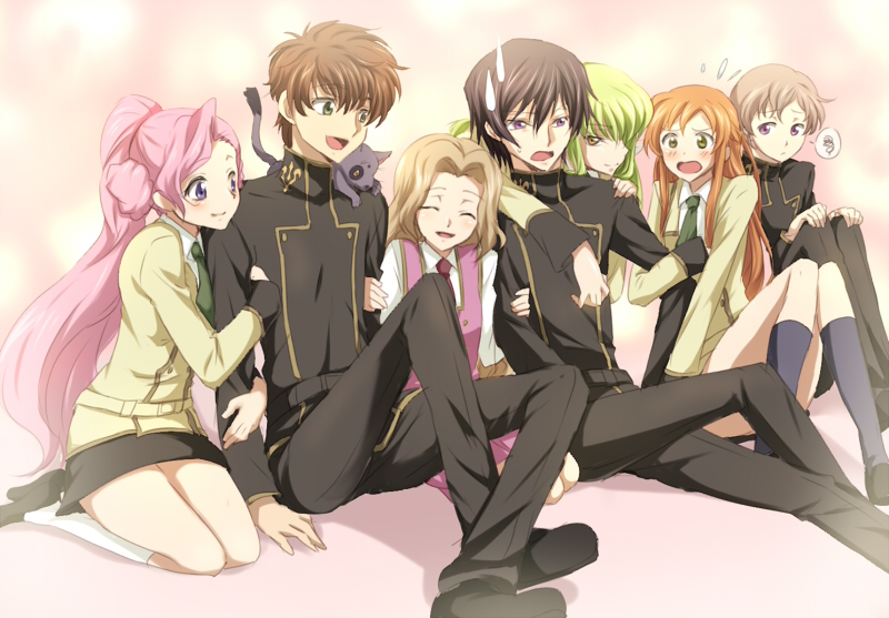 maruki (punchiki), arthur (code geass), c.c., euphemia li britannia, kururugi suzaku, lelouch vi britannia, nunnally vi britannia, rolo lamperouge, shirley fenette, code geass, green neckwear, white legwear, bad id, bad pixiv id, 00s, 3boys, 4girls, ^ ^, animal, animal on shoulder, arm support, belt, black hair, blush, brown hair, cat, closed eyes, donut hair bun, flying sweatdrops, girl sandwich, green eyes, green hair, hair bun, happy, jealous, left out, long hair, looking at another, miniskirt, multiple boys, multiple girls, necktie, orange hair, pink hair, ponytail, purple eyes, sandwiched, school uniform, seiza, shoes, siblings, sitting, skirt, smile, socks, spoken squiggle, squiggle, sweatdrop, yellow eyes