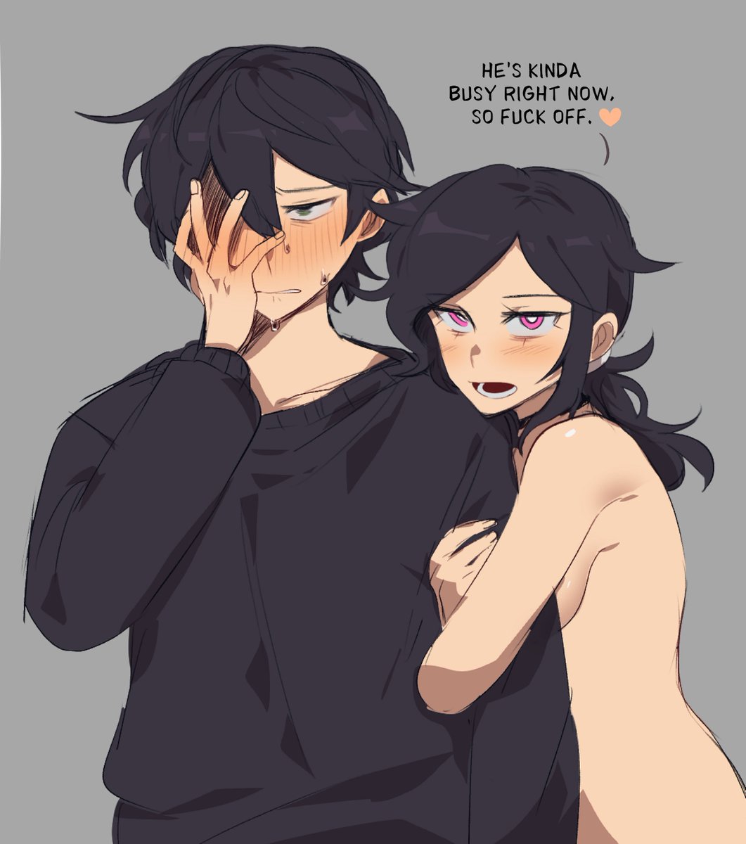 andrew graves, ashley graves, the coffin of andy and leyley, commentary, english commentary, highres, 1boy, 1girl, asagaofool, black sweater, blush, breasts, brother and sister, covering face, embarrassed, english text, facepalm, green eyes, grey background, hug, implied incest, looking at viewer, nude, pink eyes, ponytail, siblings, sweater