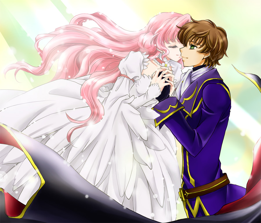 pesu, euphemia li britannia, kururugi suzaku, zero (code geass), code geass, 00s, brown hair, donut hair bun, green eyes, hair bun, pink hair