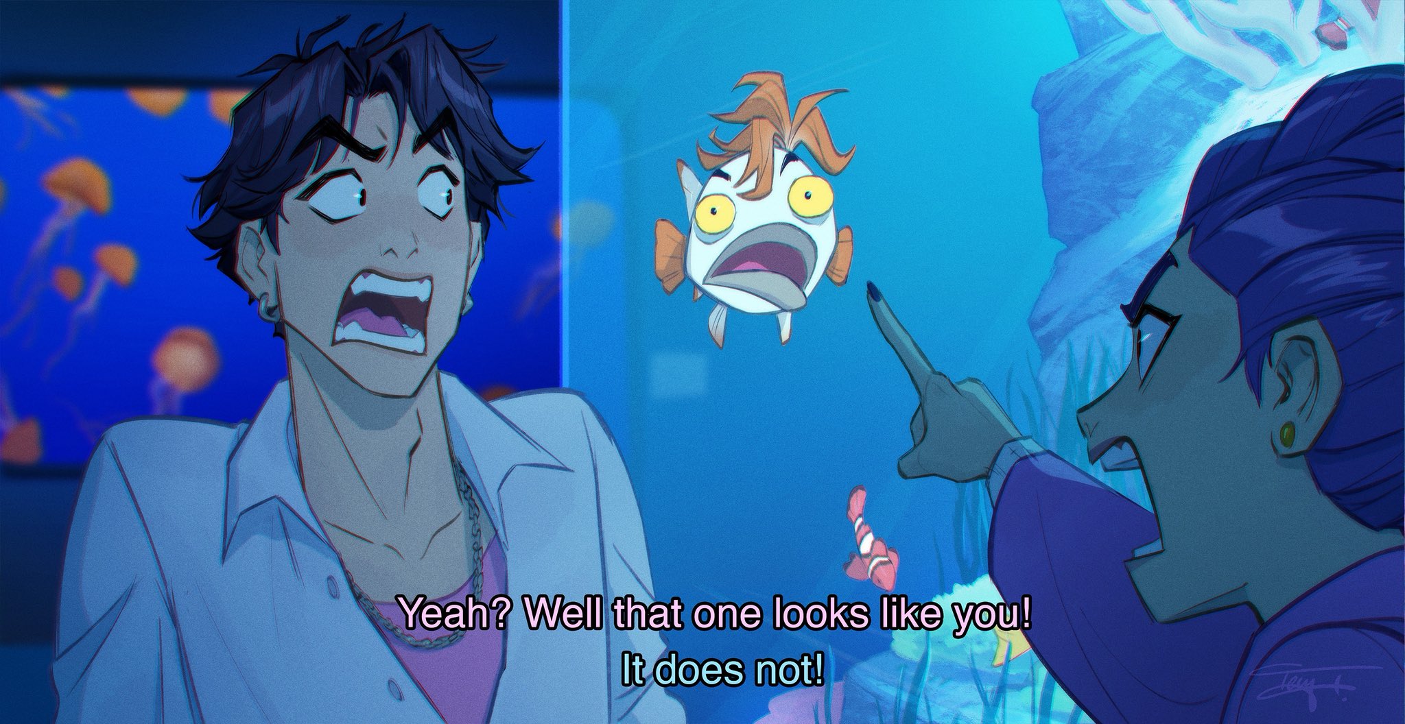 jinu (kpop demon hunters), rumi (kpop demon hunters), kpop demon hunters, commentary, english commentary, highres, 1boy, 1girl, aquarium, black hair, chain, clownfish, collared shirt, earrings, english text, fish, jewelry, open mouth, pointing, purple hair, shirt, short hair, snake hair, tenyais, white shirt