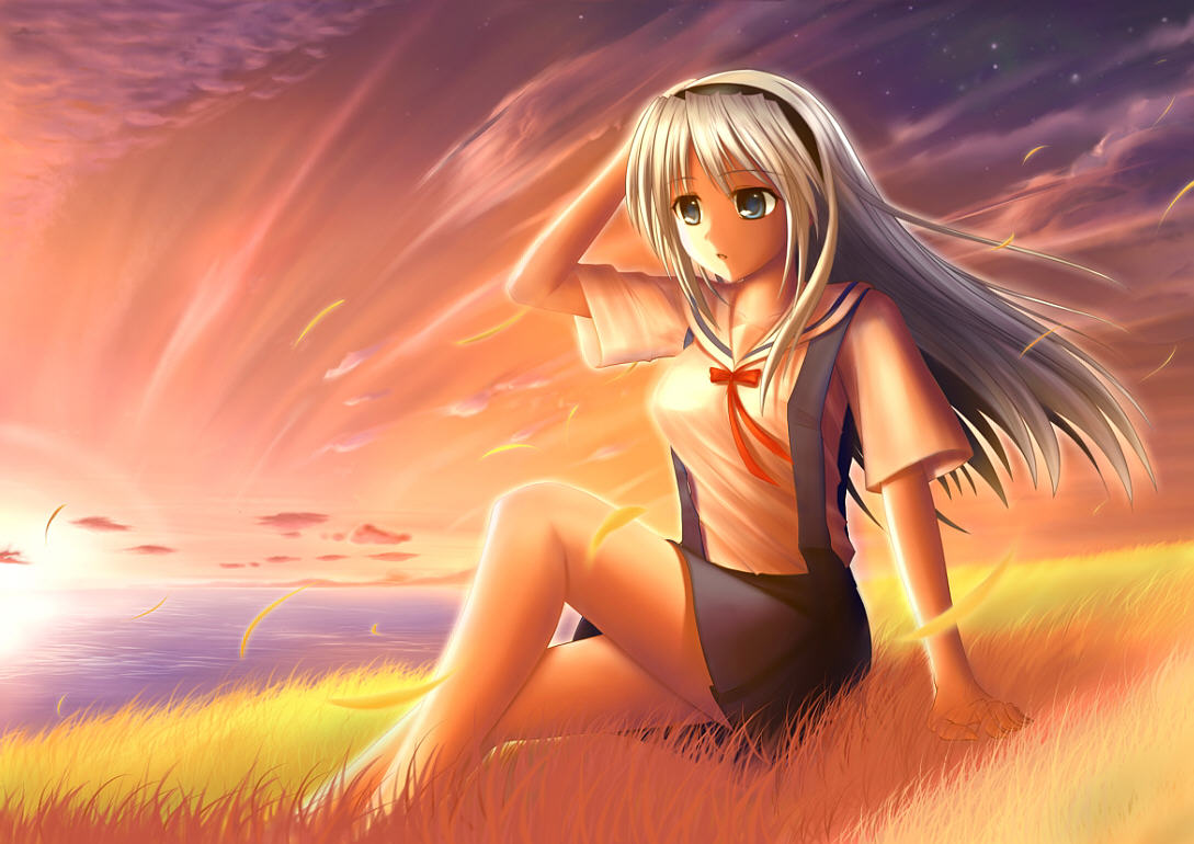 blackcatfootpoint (pixiv), hei mao de zu ji, sakagami tomoyo, clannad, silver hair, 00s, blue eyes, hairband, school uniform, serafuku, skirt, solo