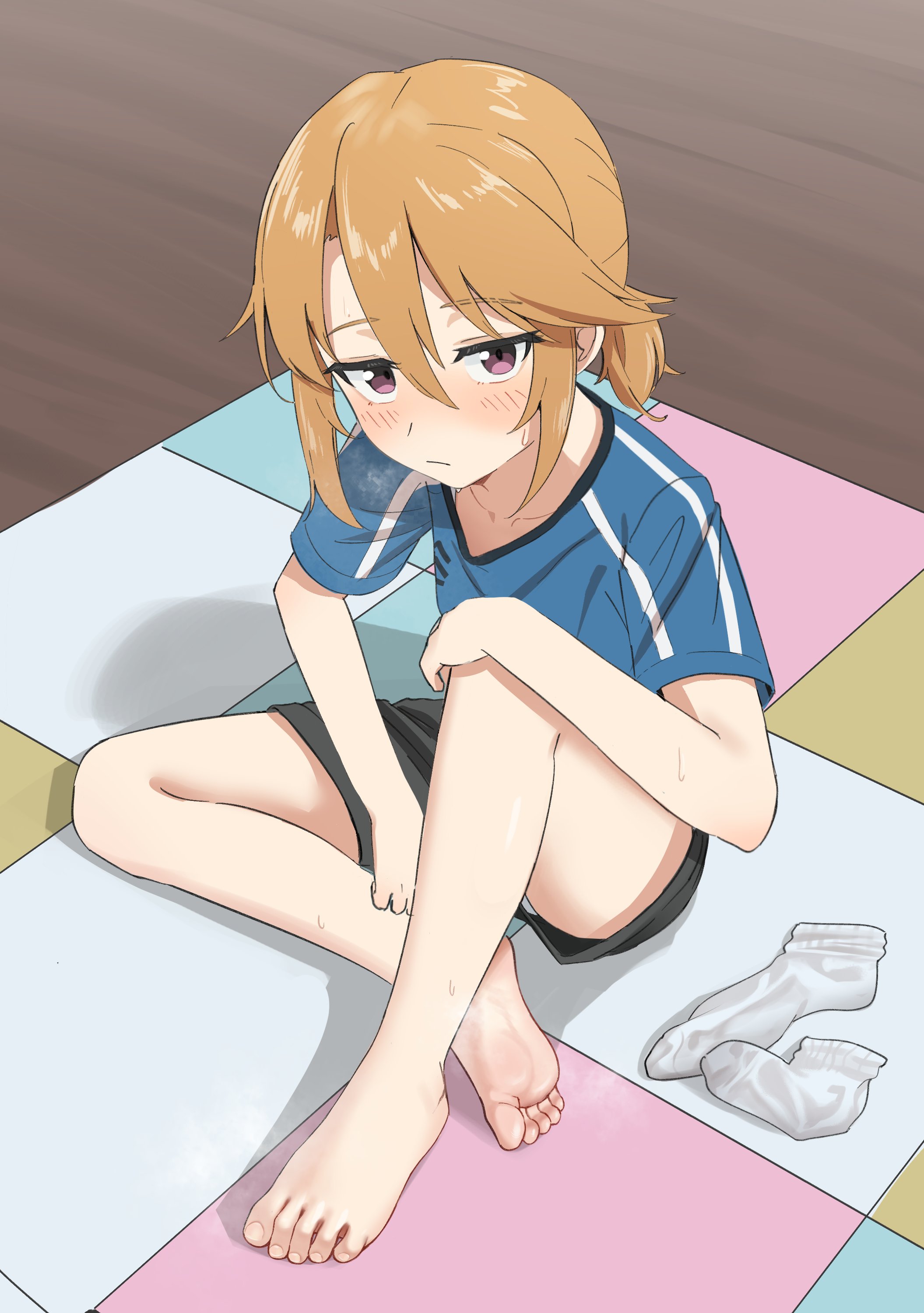 losk, yuuki haru, idolmaster, idolmaster cinderella girls, absurdres, commentary request, highres, 1girl, feet, medium hair, on floor, orange hair, panties, pantyshot, ponytail, purple eyes, shorts, underwear