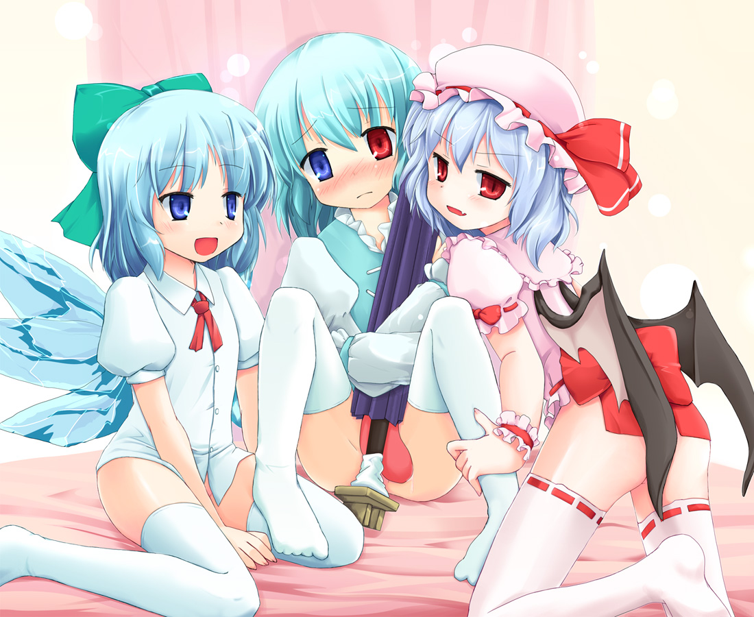 niiya, cirno, remilia scarlet, tatara kogasa, touhou, 3girls, autocunnilingus, bat wings, blue eyes, blue hair, blush, bottomless, bow, censored, closed umbrella, convenient censoring, cunnilingus, dress shirt, fang, hair bow, hat, heterochromia, karakasa obake, masturbation, multiple girls, no panties, oral, red eyes, ribbon, selfcest, shirt, short hair, thighhighs, tongue, umbrella, white thighhighs, wings, wrist cuffs