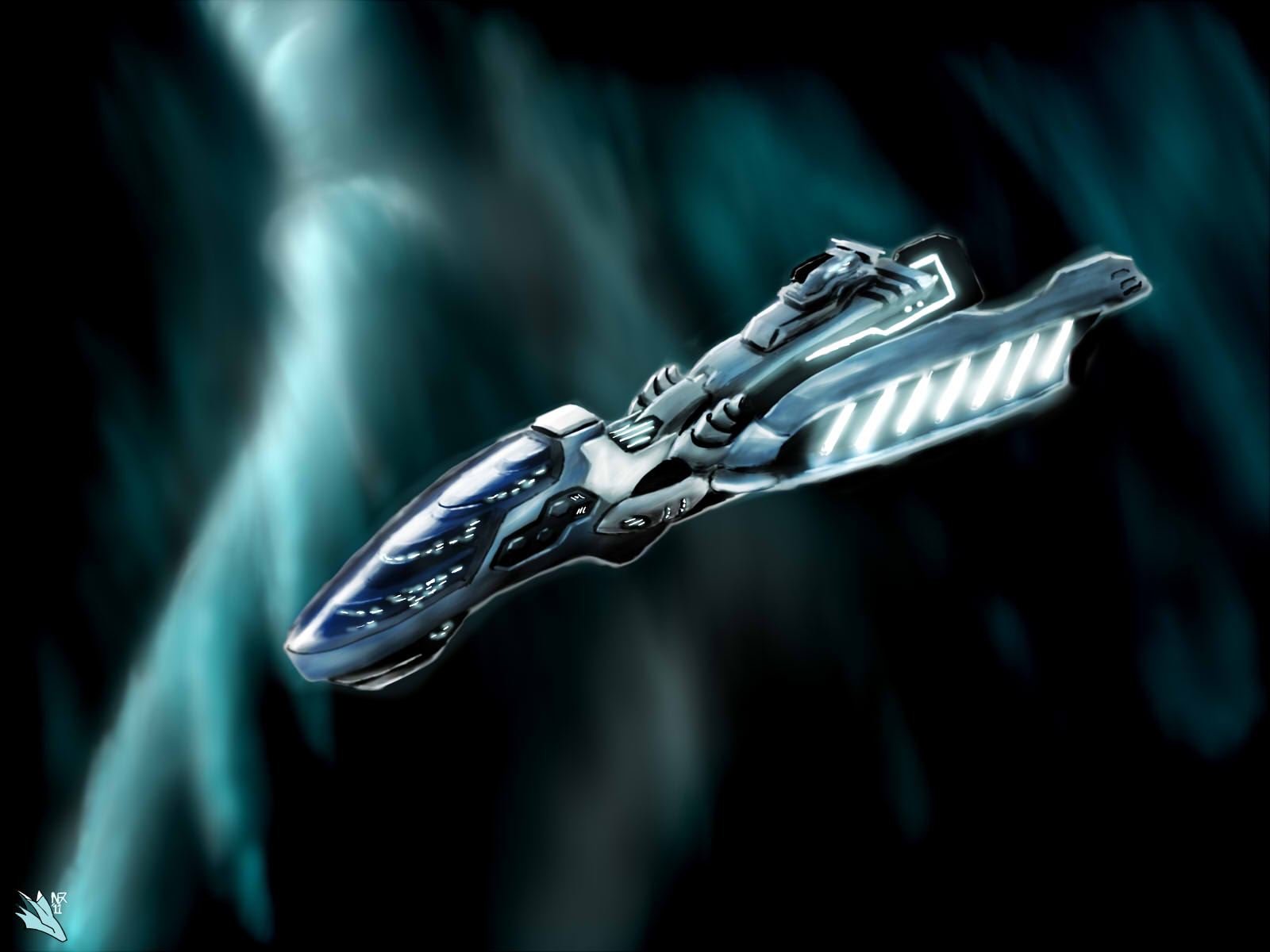 novafox, eve online, original, commentary, english commentary, highres, artist logo, blue theme, cloud background, dark background, glowing, logo, nebula, no humans, outdoors, science fiction, space, spacecraft, vehicle focus